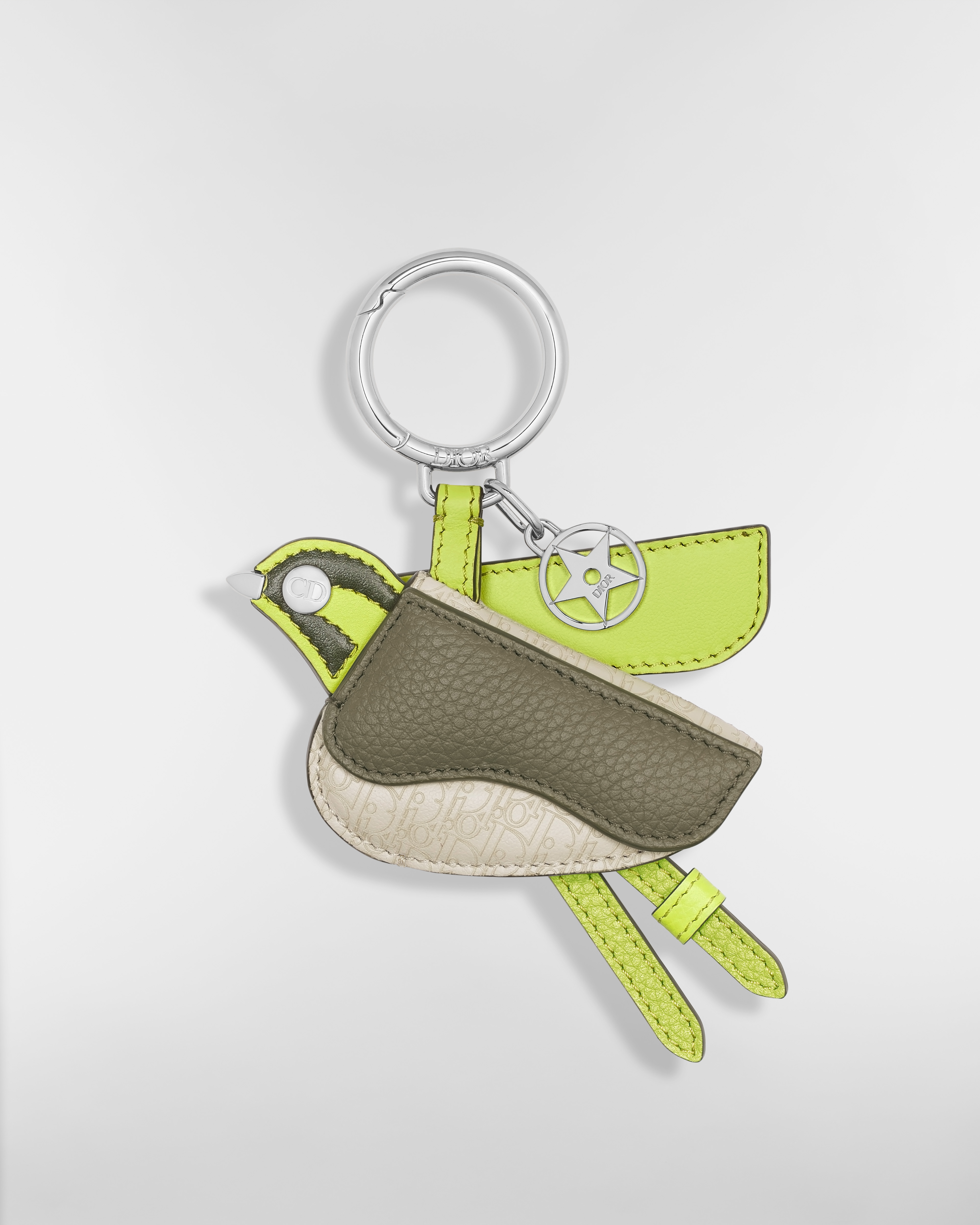 Saddle Bird Key Ring Green Smooth Calfskin, Khaki Grained Calfskin, Beige Micro Dior Oblique Calfskin E01