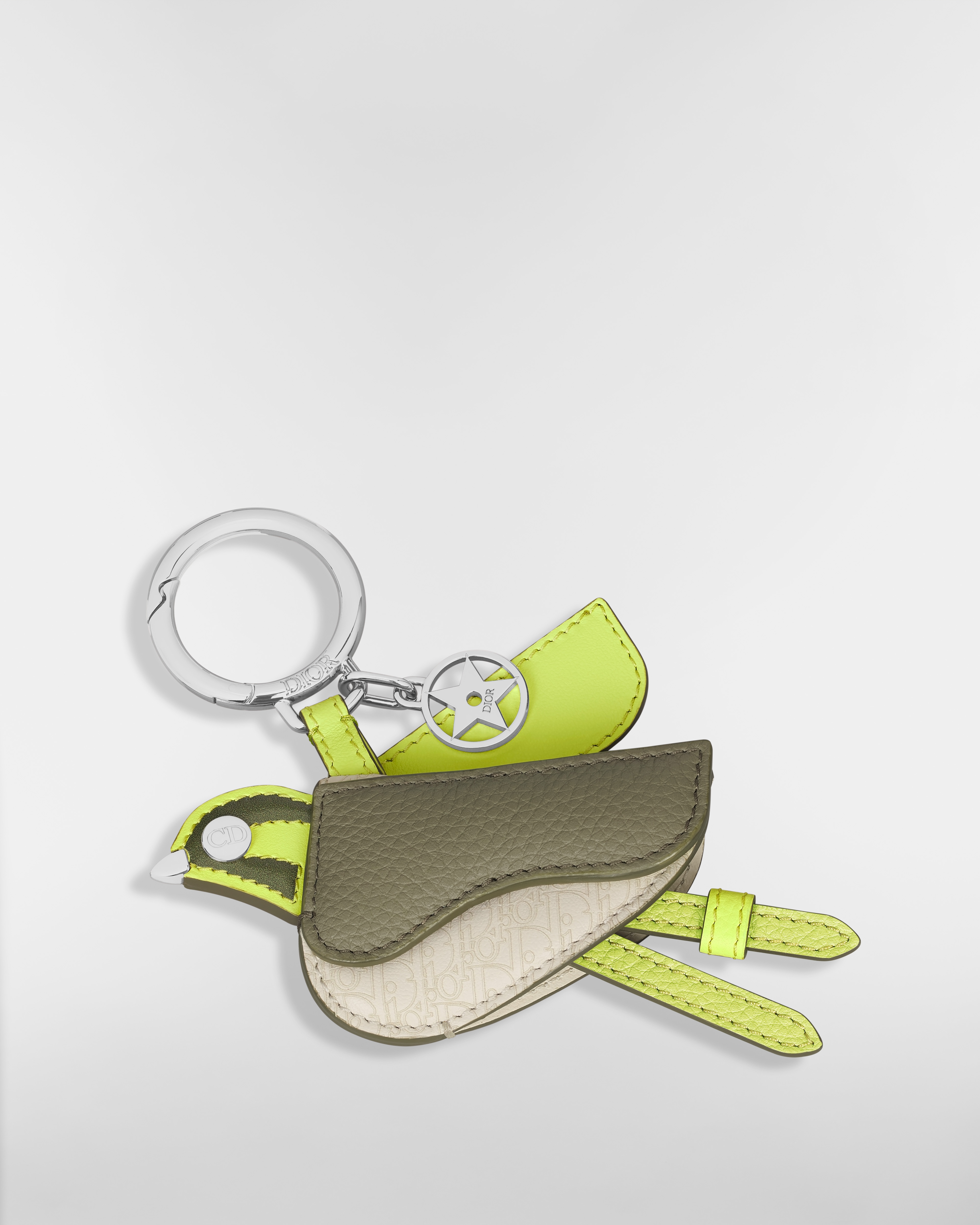 Porte-clés oiseau Saddle Cuir de veau lisse vert, cuir de veau grainé kaki, cuir de veau micro Dior Oblique beige E03