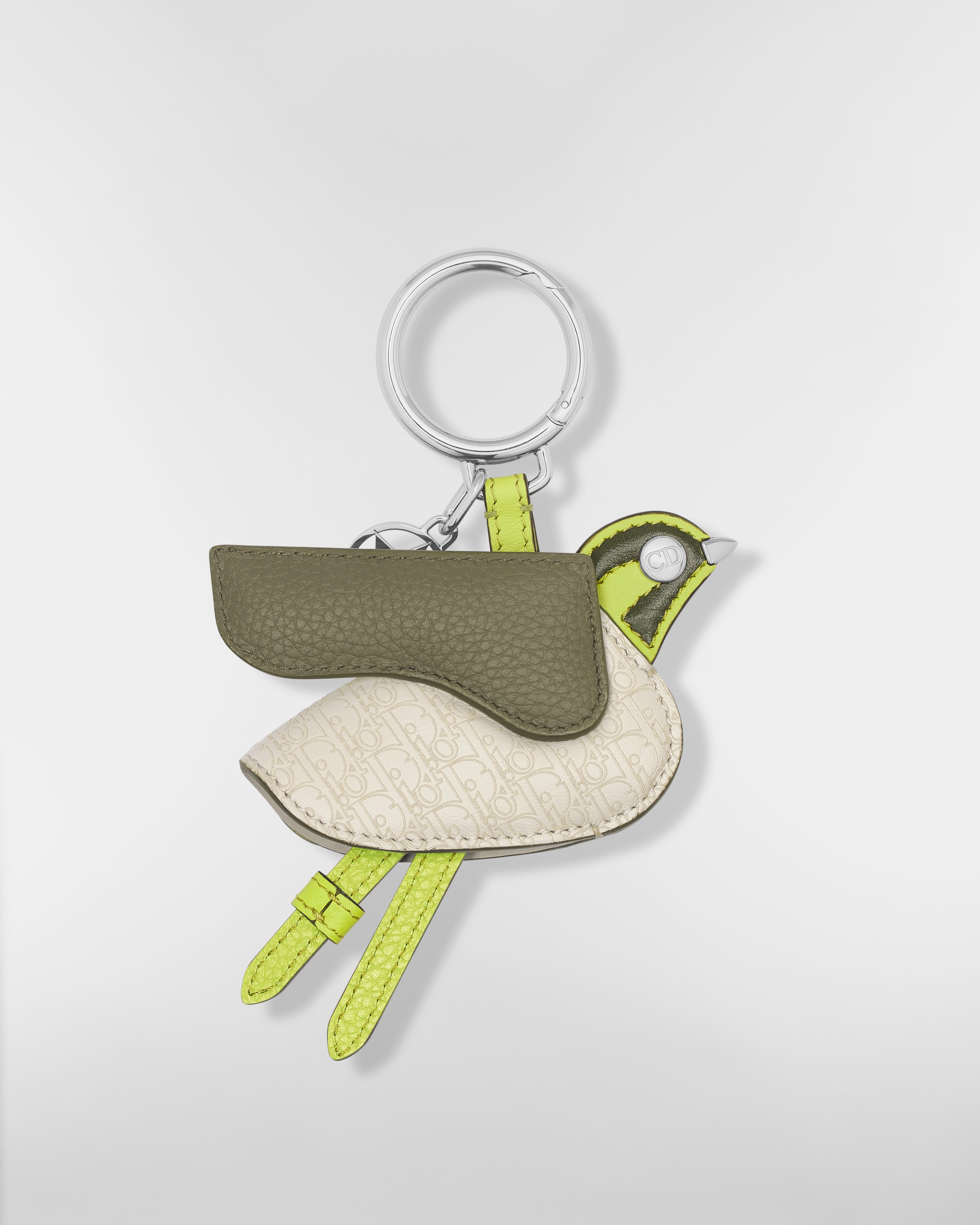 Porte-clés oiseau Saddle Cuir de veau lisse vert, cuir de veau grainé kaki, cuir de veau micro Dior Oblique beige E08