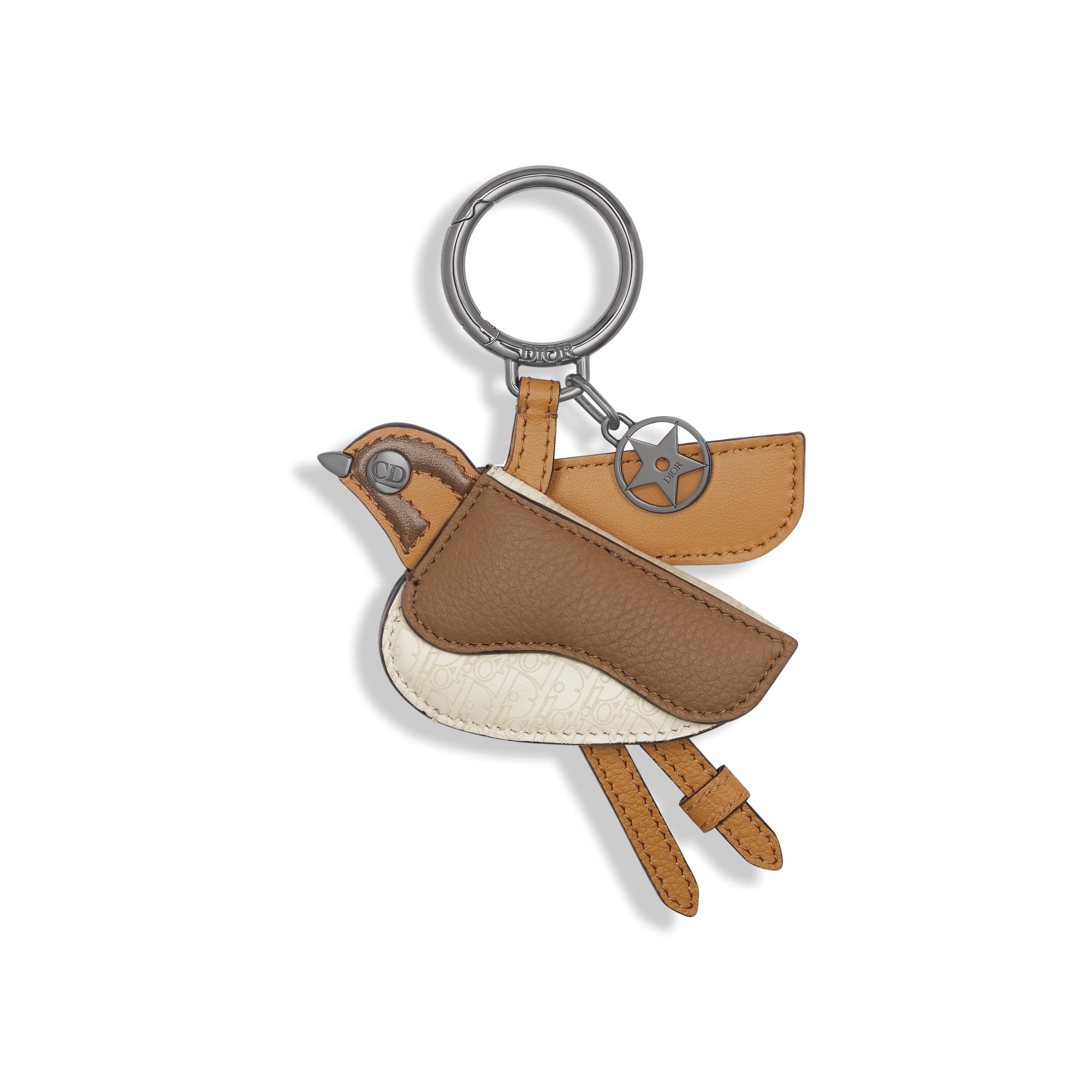 Porte-clés oiseau Saddle Cuir de veau lisse marron, cuir de veau grainé marron foncé, cuir de veau micro Dior Oblique beige E01