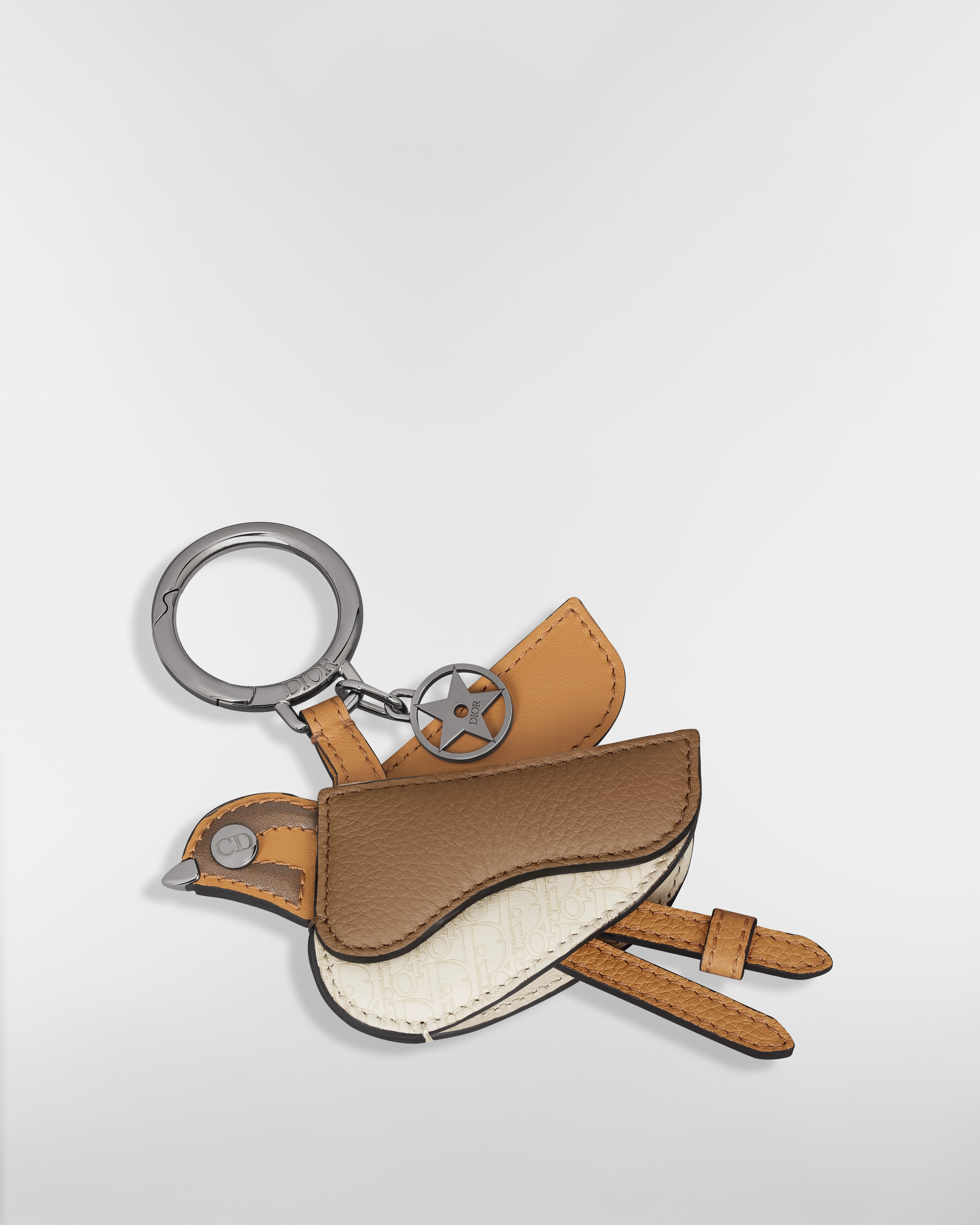 Saddle Bird Key Ring Brown Smooth Calfskin, Deep Brown Grained Calfskin, Beige Micro Dior Oblique Calfskin E03