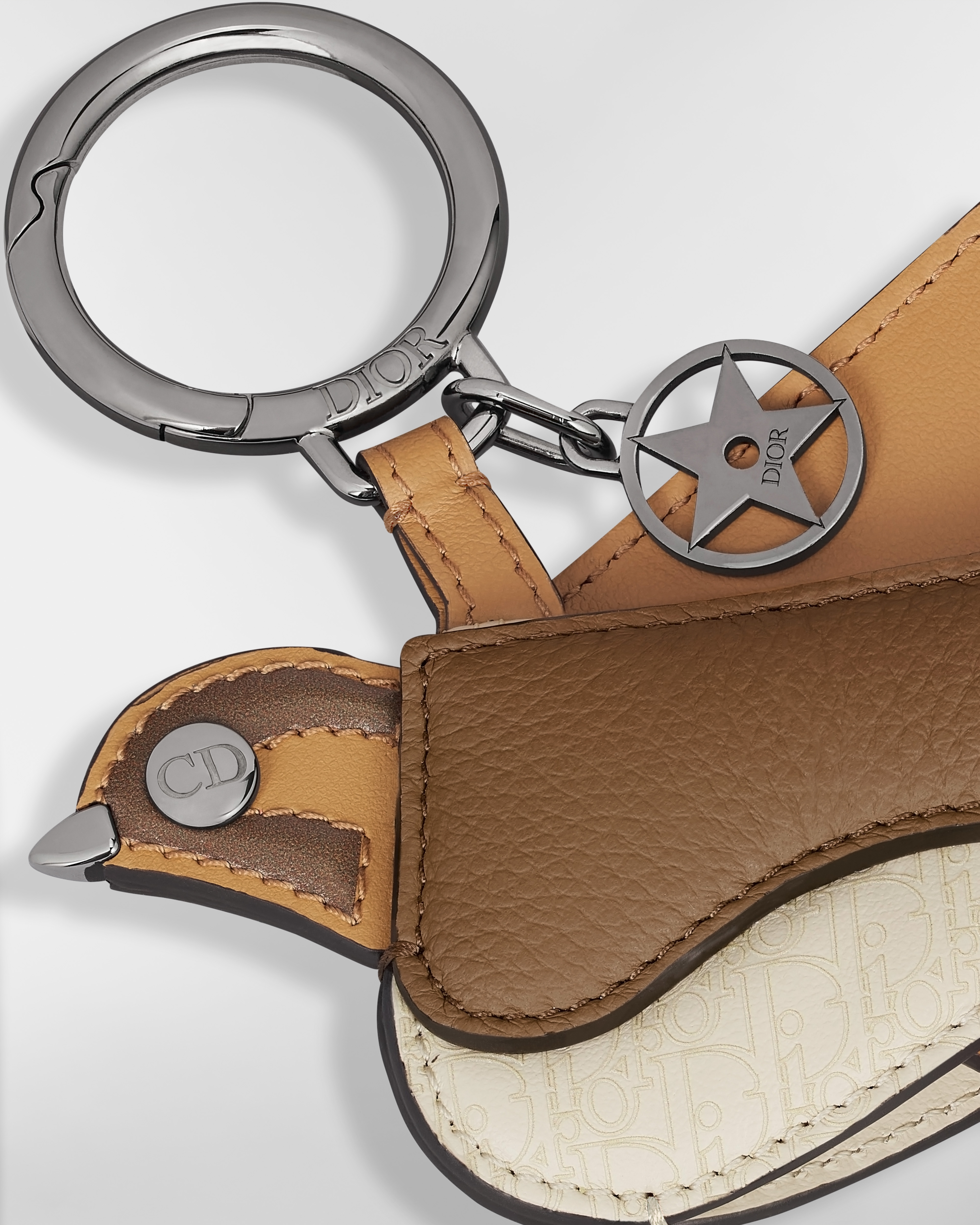 Saddle Bird Key Ring Brown Smooth Calfskin, Deep Brown Grained Calfskin, Beige Micro Dior Oblique Calfskin E09