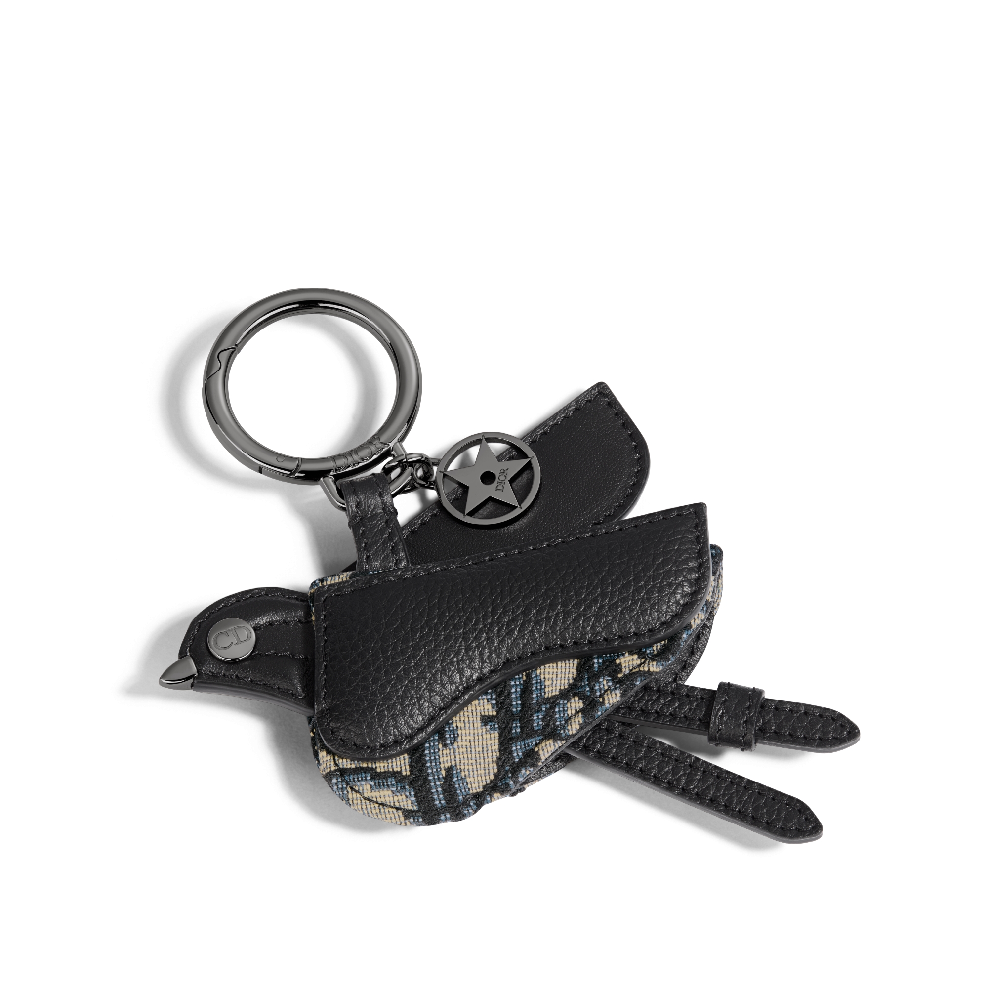 Saddle Bird Key Ring Beige and Black Dior Oblique Jacquard, Black Grained Calfskin and Ruthenium-Finish Brass E03