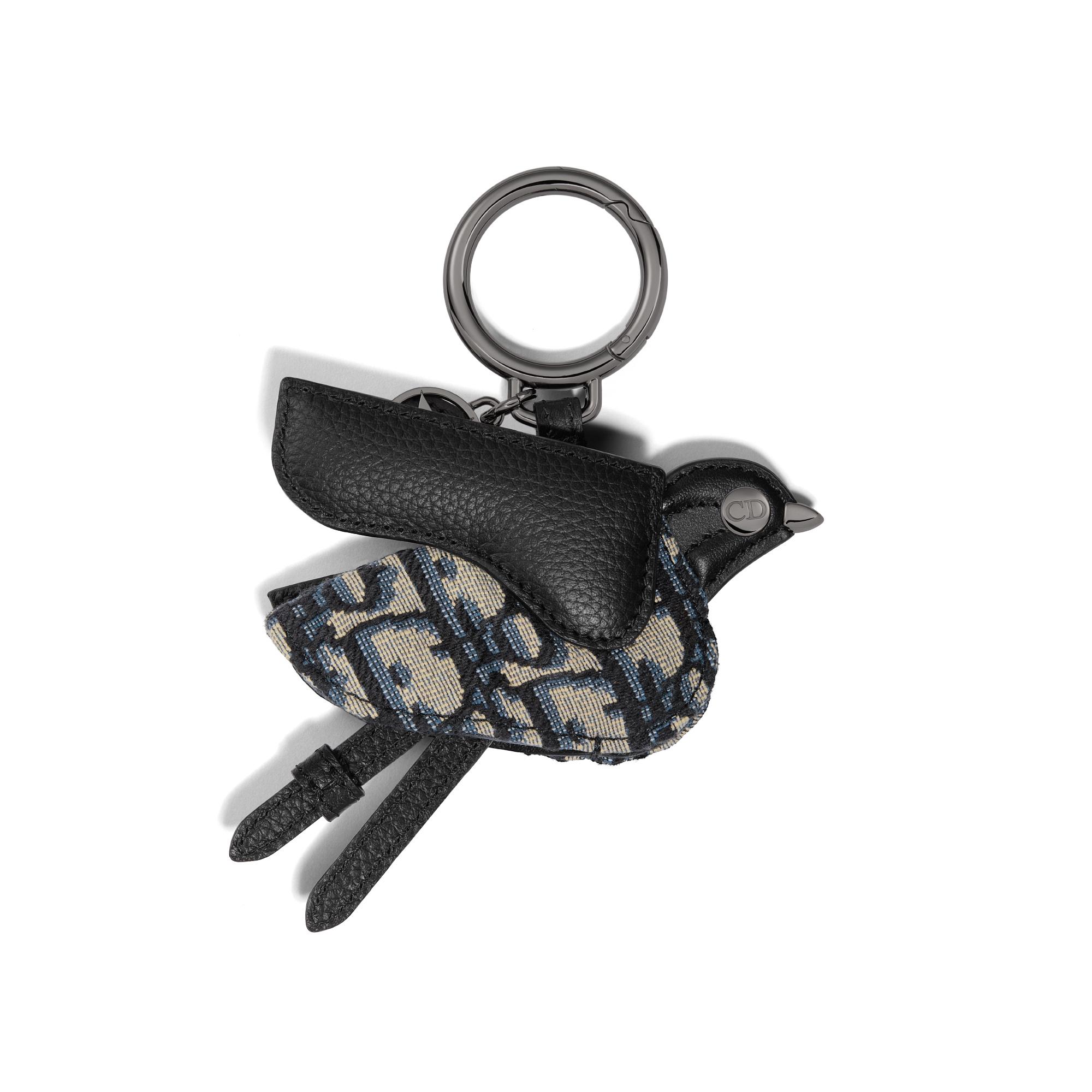 Saddle Bird Key Ring Beige and Black Dior Oblique Jacquard, Black Grained Calfskin and Ruthenium-Finish Brass E08