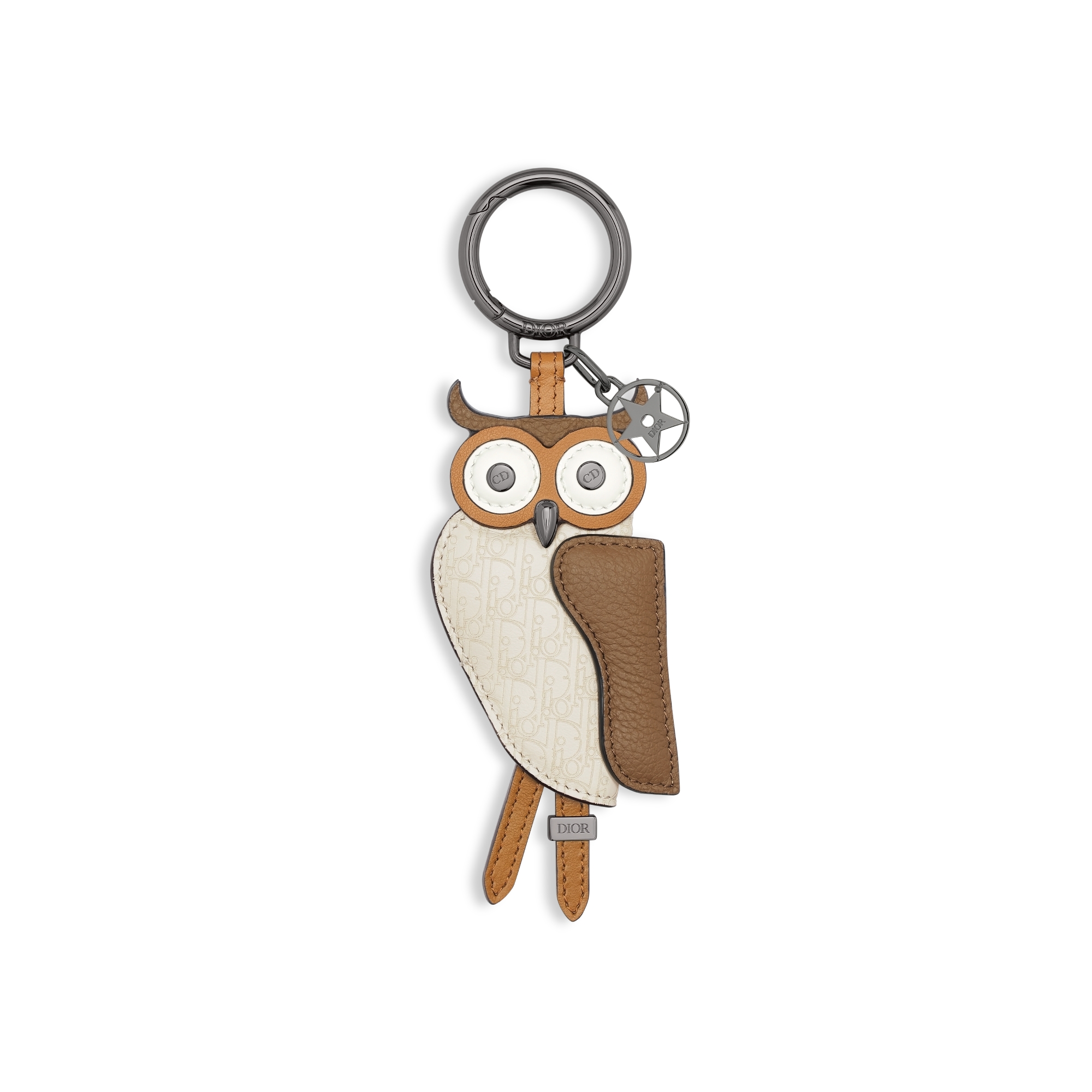 Porte-clés hibou Saddle Cuir de veau lisse marron, cuir de veau grainé marron foncé, cuir de veau micro Dior Oblique beige E01