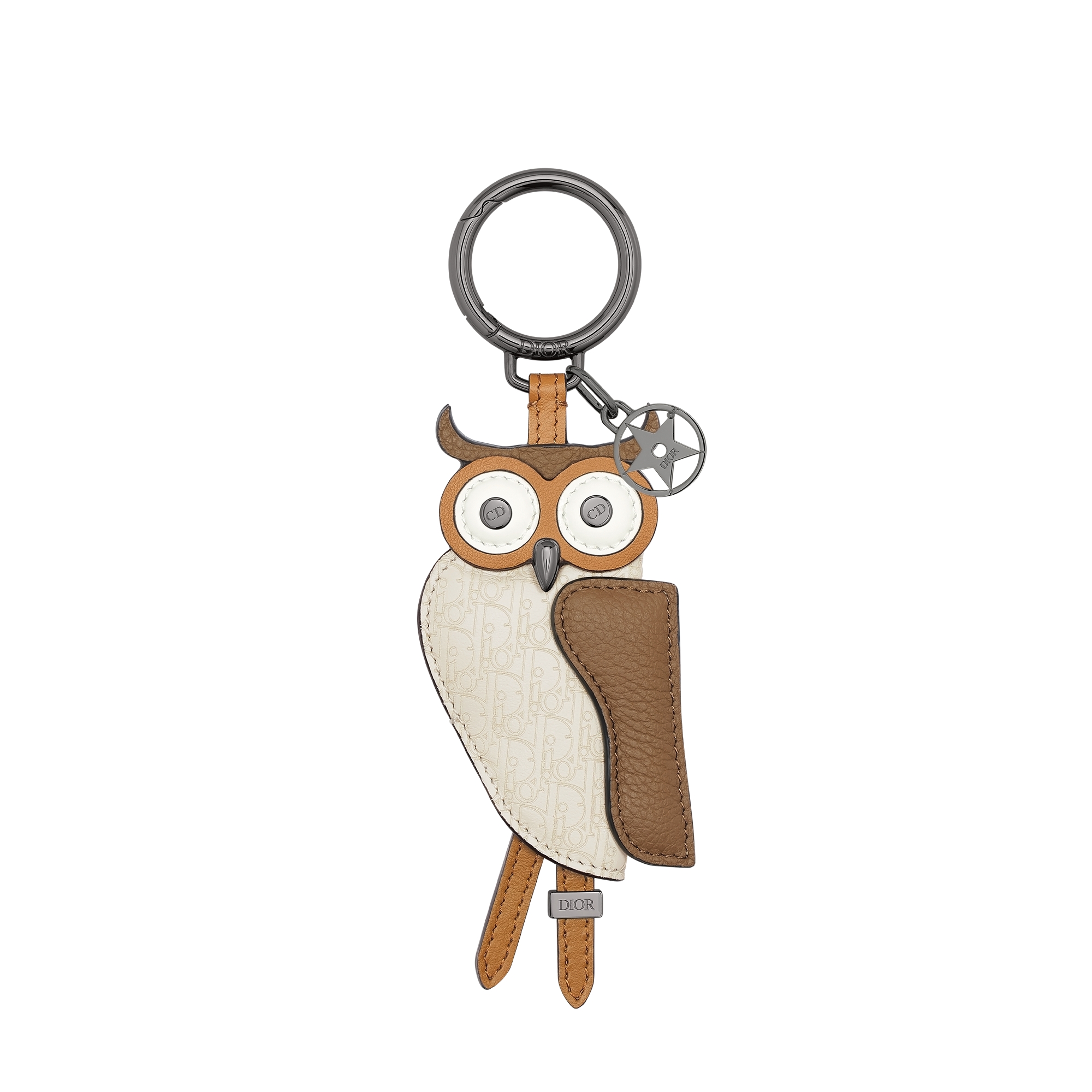 Saddle Owl Key Ring Brown Smooth Calfskin, Deep Brown Grained Calfskin, Beige Micro Dior Oblique Calfskin E01