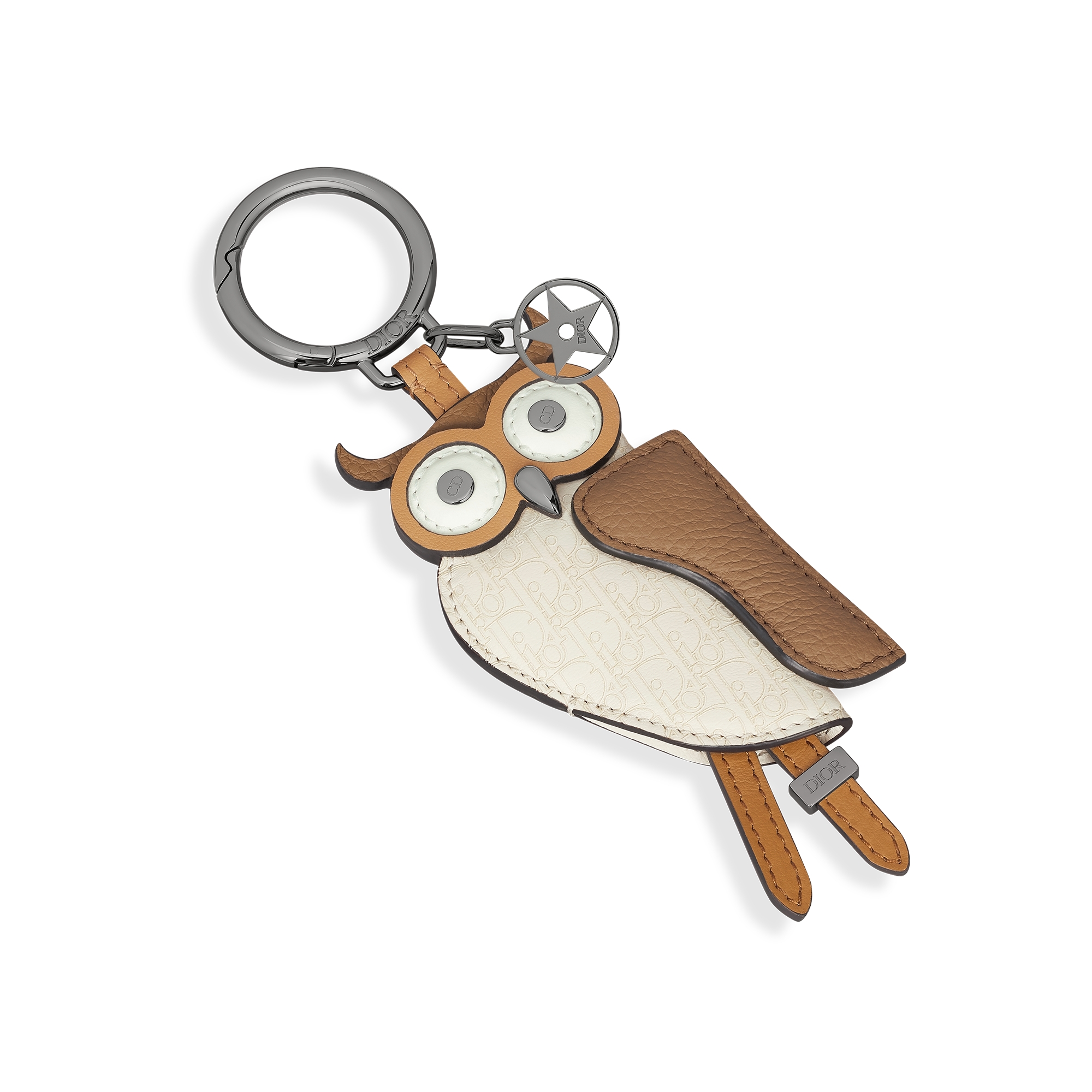 Saddle Owl Key Ring Brown Smooth Calfskin, Deep Brown Grained Calfskin, Beige Micro Dior Oblique Calfskin E03