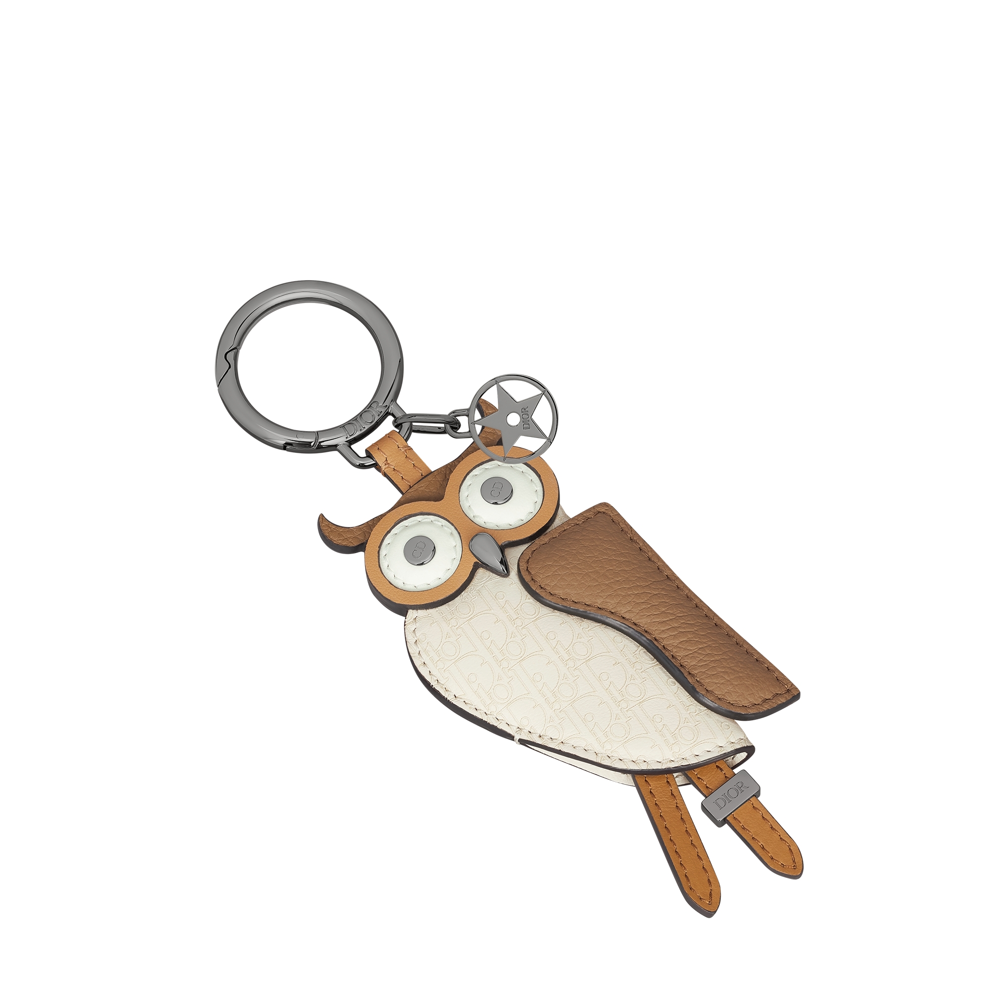 Saddle Owl Key Ring Brown Smooth Calfskin, Deep Brown Grained Calfskin, Beige Micro Dior Oblique Calfskin E03