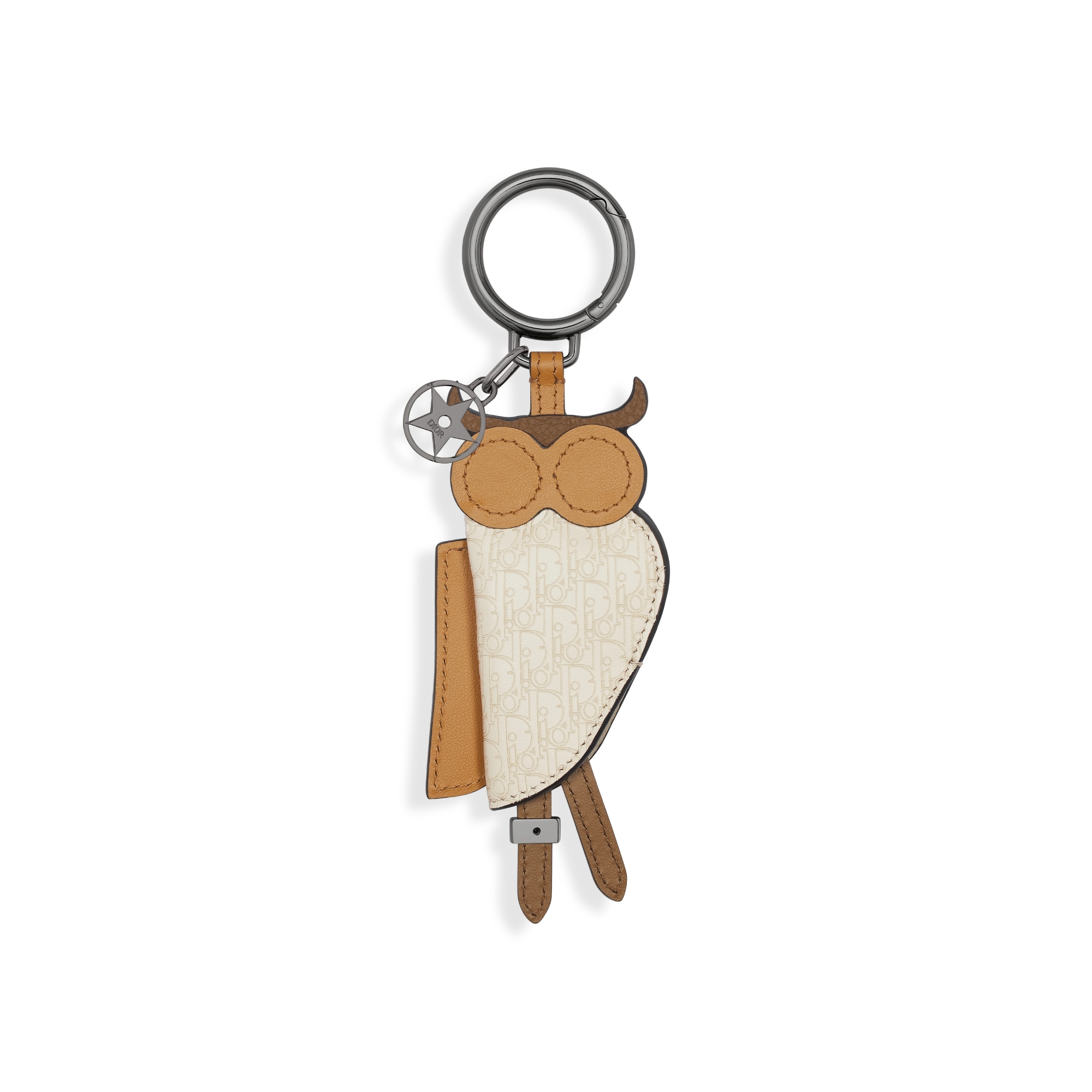 Saddle Owl Key Ring Brown Smooth Calfskin, Deep Brown Grained Calfskin, Beige Micro Dior Oblique Calfskin E08
