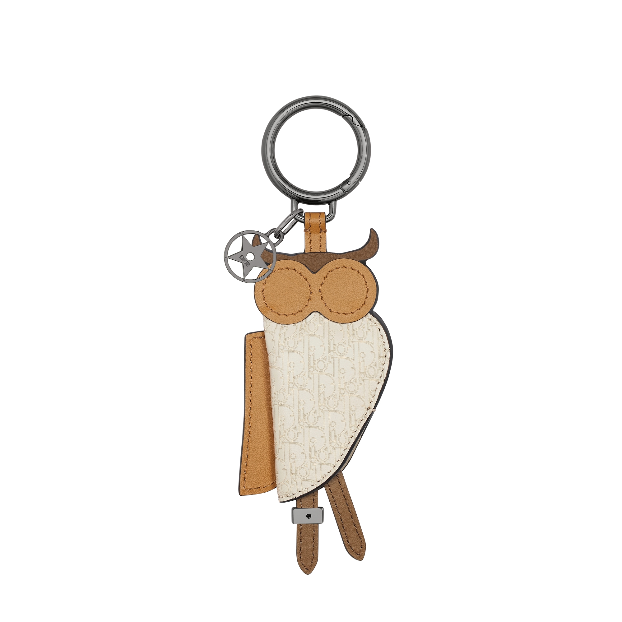 Saddle Owl Key Ring Brown Smooth Calfskin, Deep Brown Grained Calfskin, Beige Micro Dior Oblique Calfskin E08