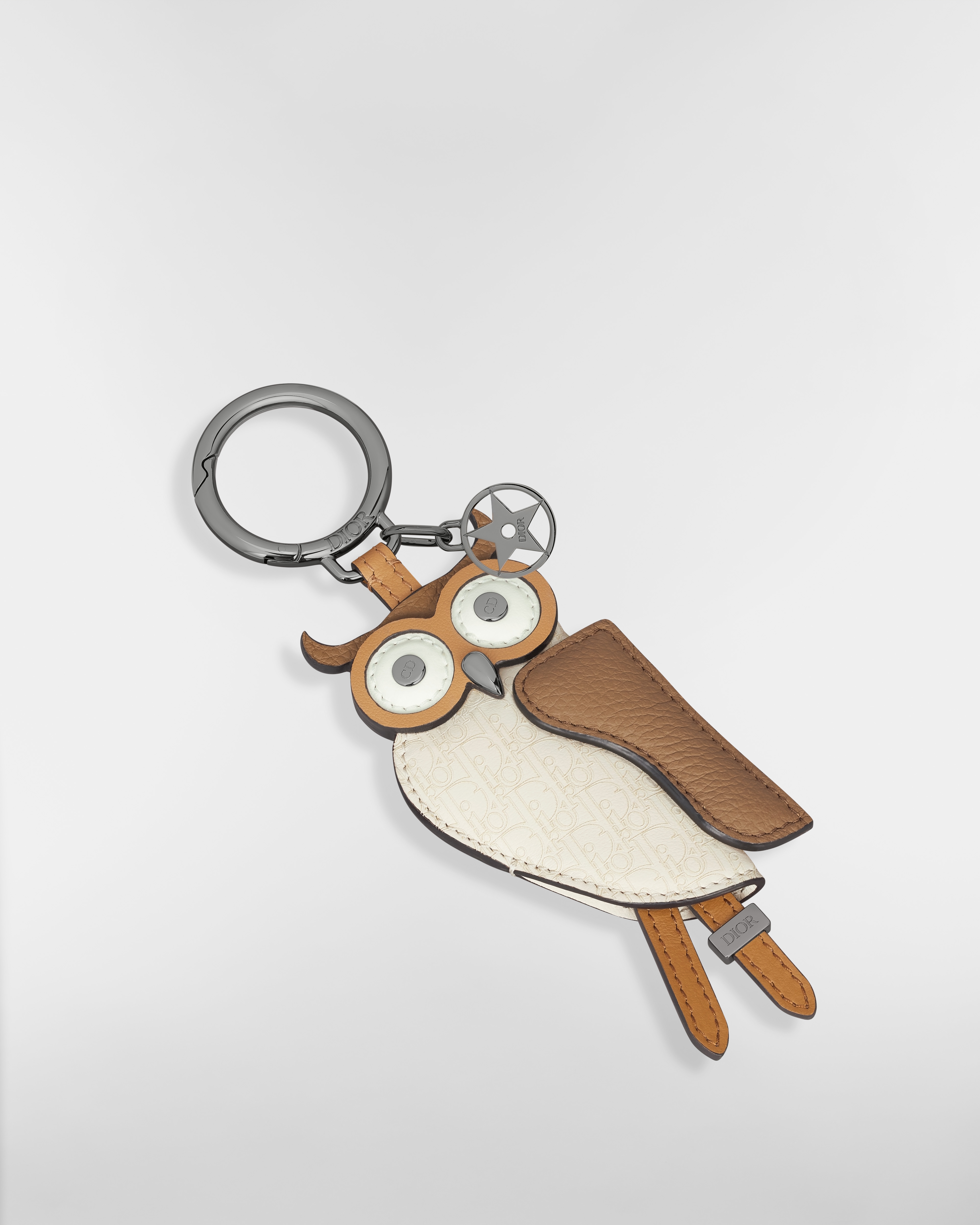 Saddle Owl Key Ring Brown Smooth Calfskin, Deep Brown Grained Calfskin, Beige Micro Dior Oblique Calfskin E03