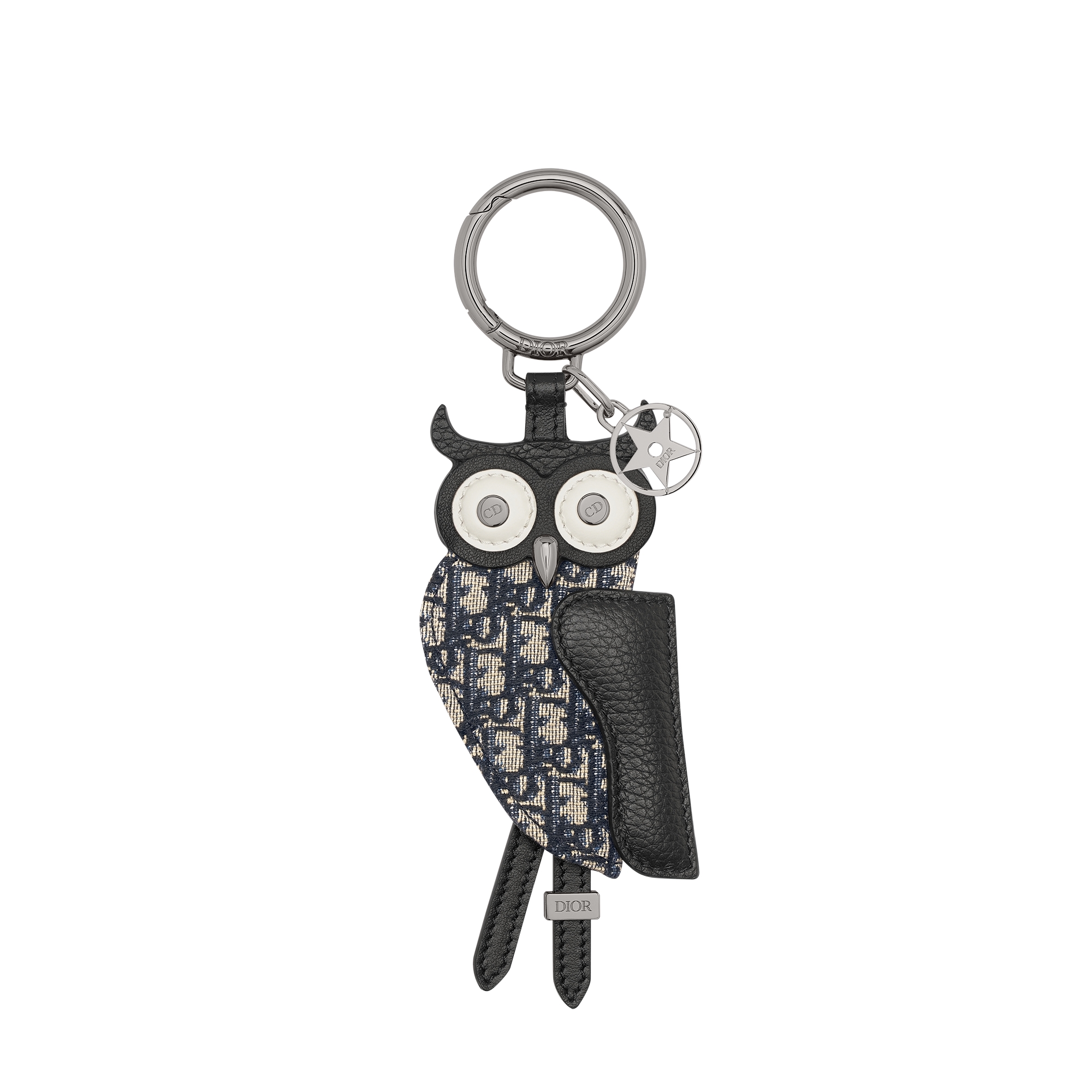 Saddle Owl Key Ring Beige and Black Micro Dior Oblique Jacquard, Black Grained Calfskin, Black Smooth Calfskin E01