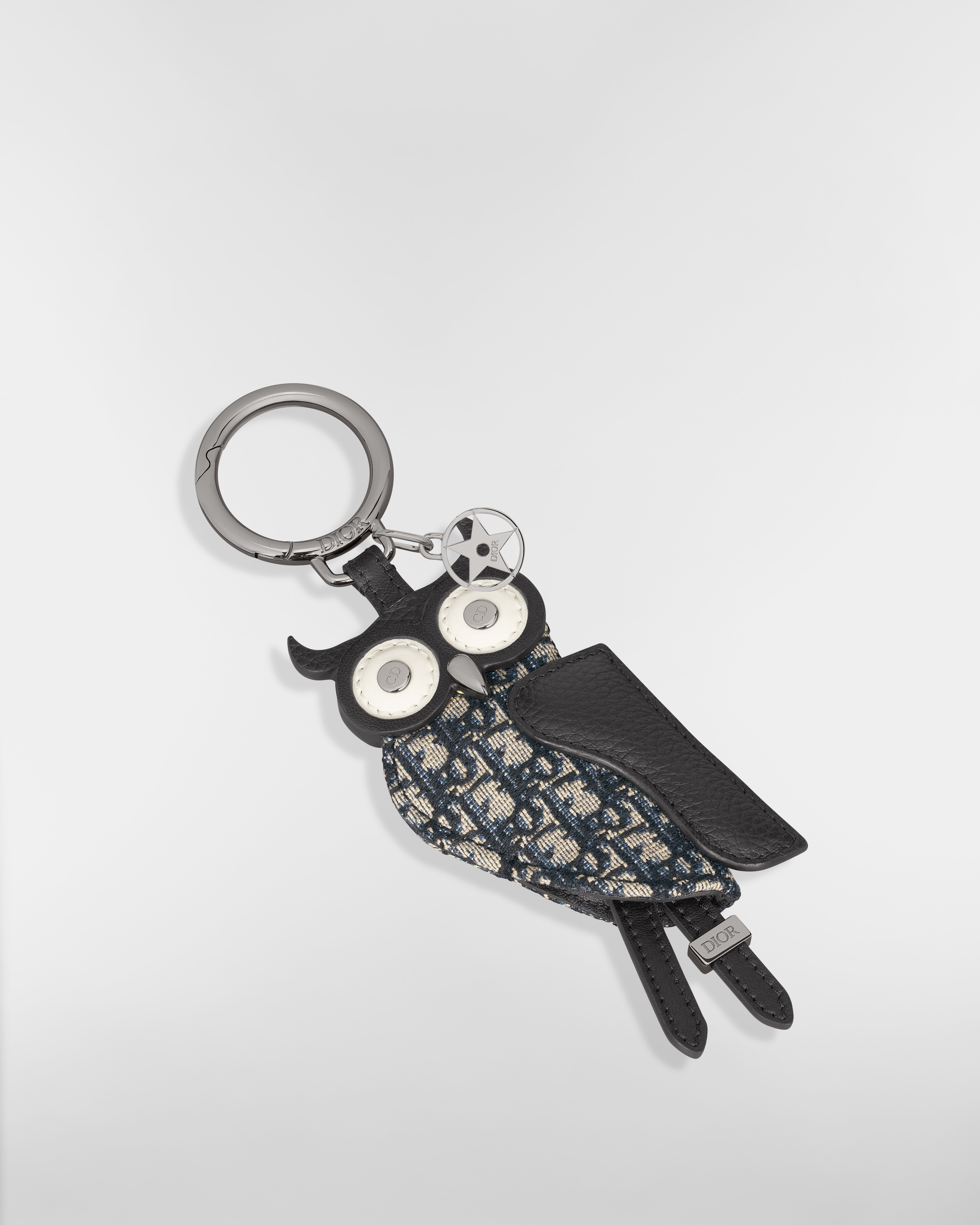 Saddle Owl Key Ring Beige and Black Micro Dior Oblique Jacquard, Black Grained Calfskin, Black Smooth Calfskin E03