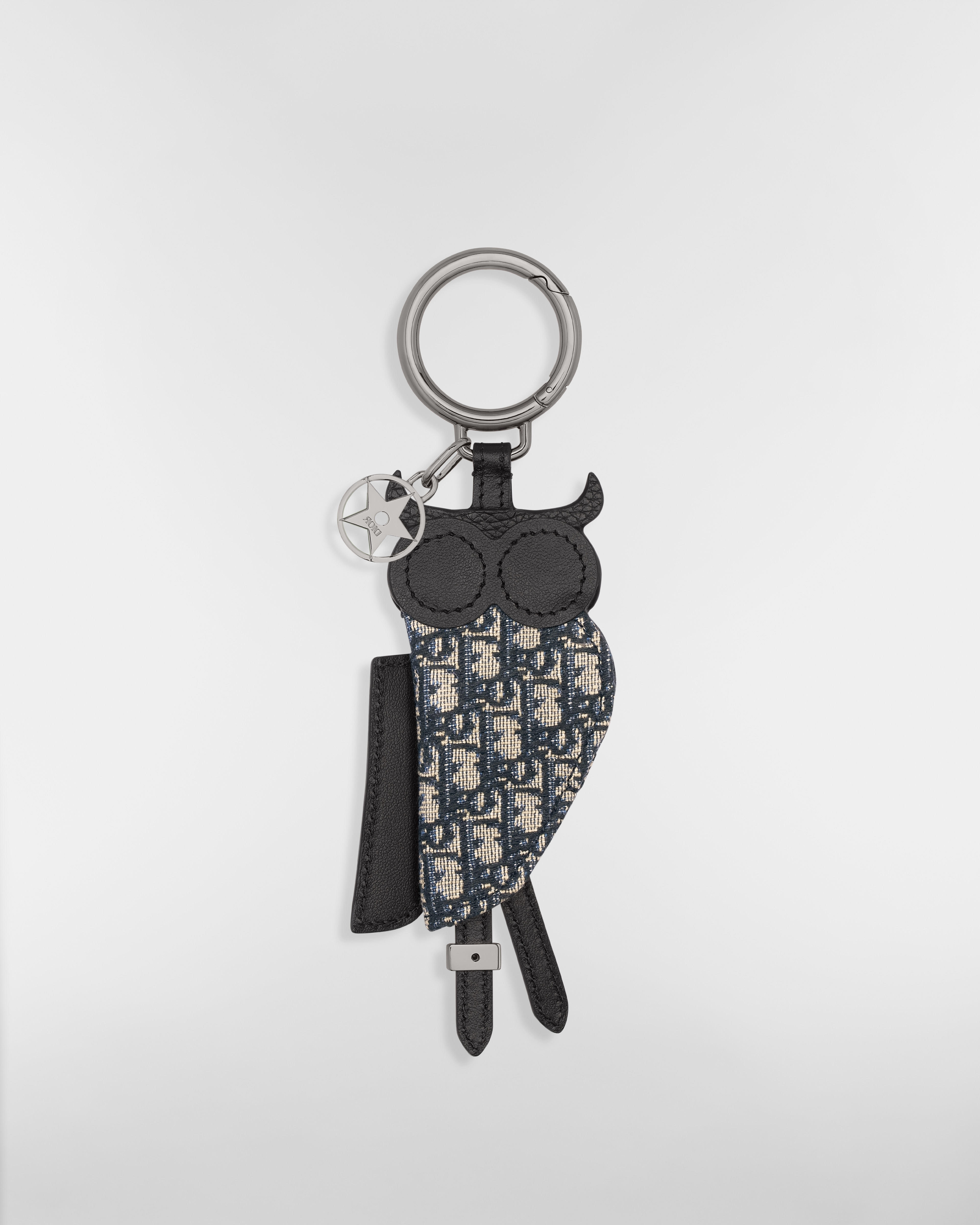 Saddle Owl Key Ring Beige and Black Micro Dior Oblique Jacquard, Black Grained Calfskin, Black Smooth Calfskin E08