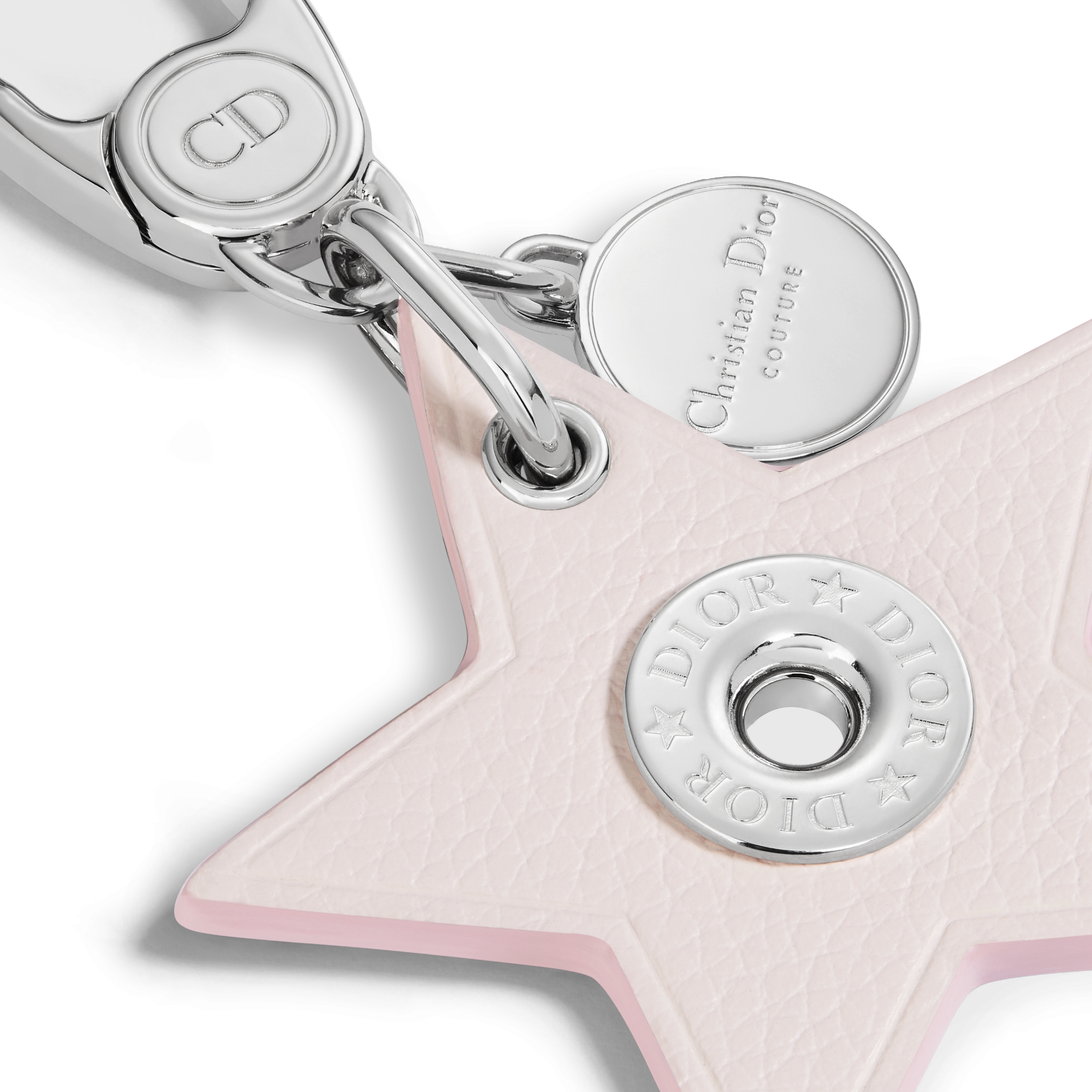 Star Key Ring Pink Grained Calfskin and Palladium-Finish Brass E09
