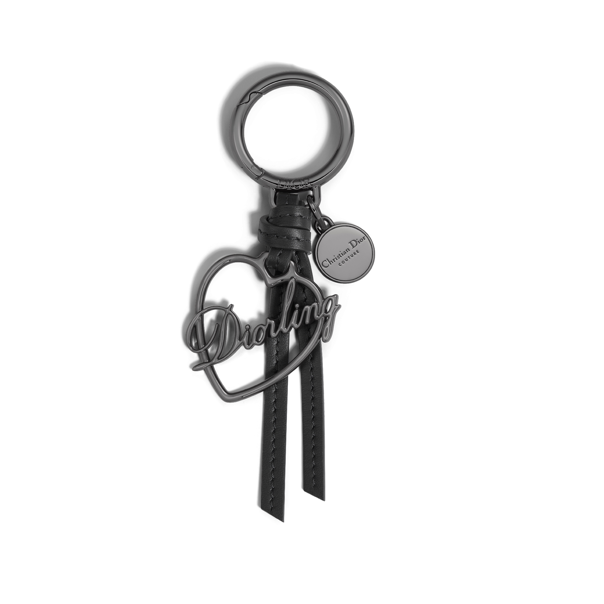 Porte-clés Diorling Laiton finition ruthénium et cuir de veau lisse gris E01