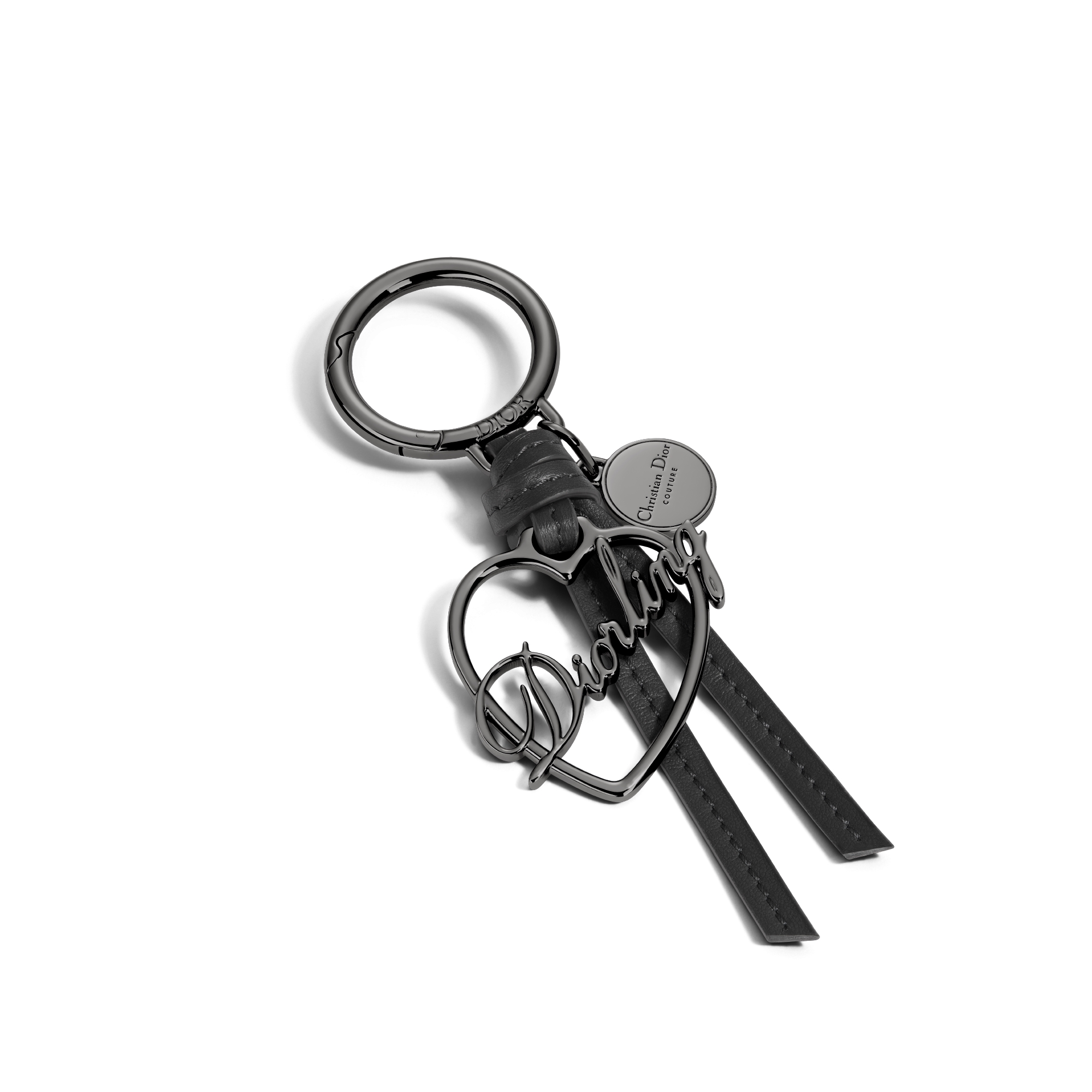 Diorling Key Ring Ruthenium-Finish Brass and Gray Smooth Calfskin E03