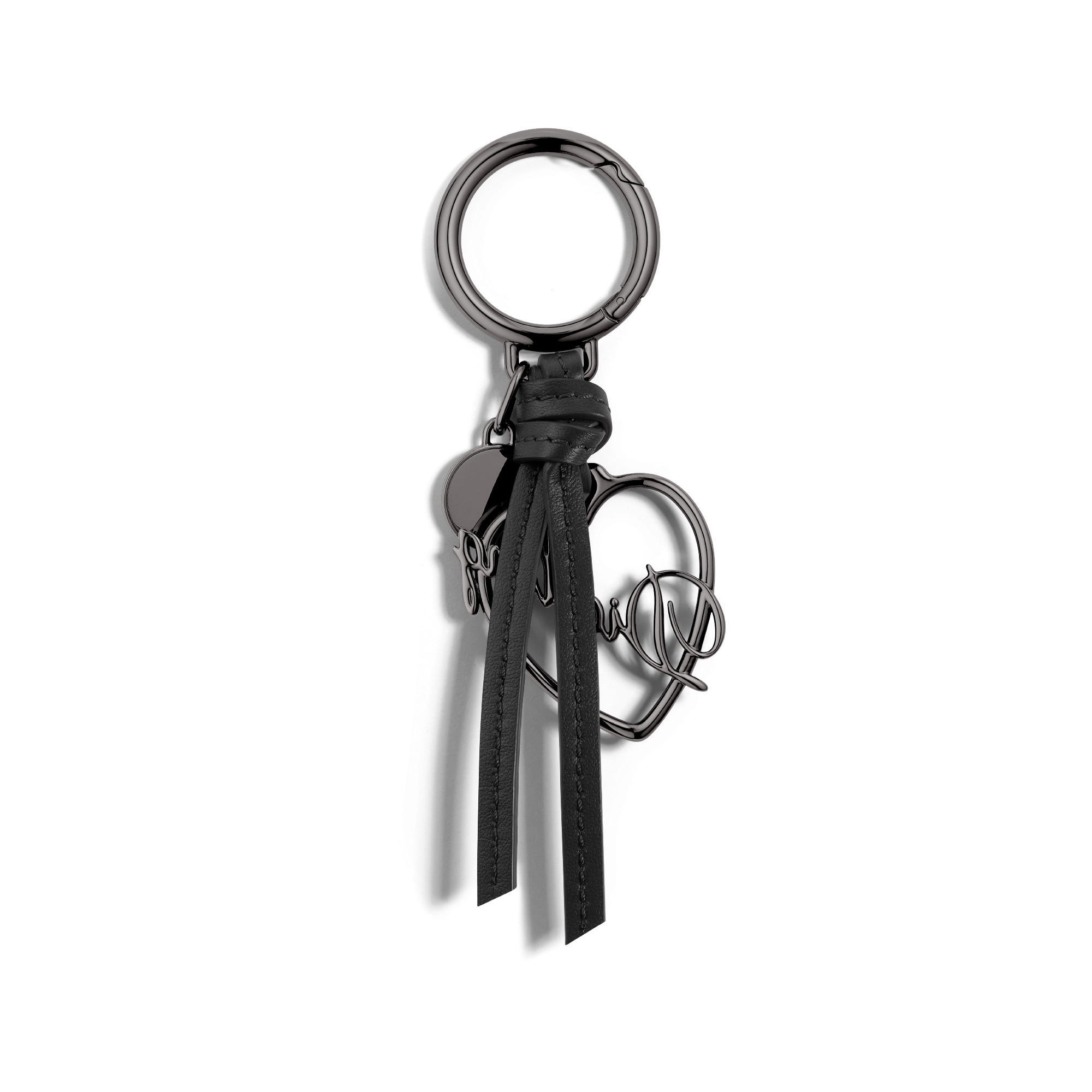 Diorling Key Ring Ruthenium-Finish Brass and Gray Smooth Calfskin E08