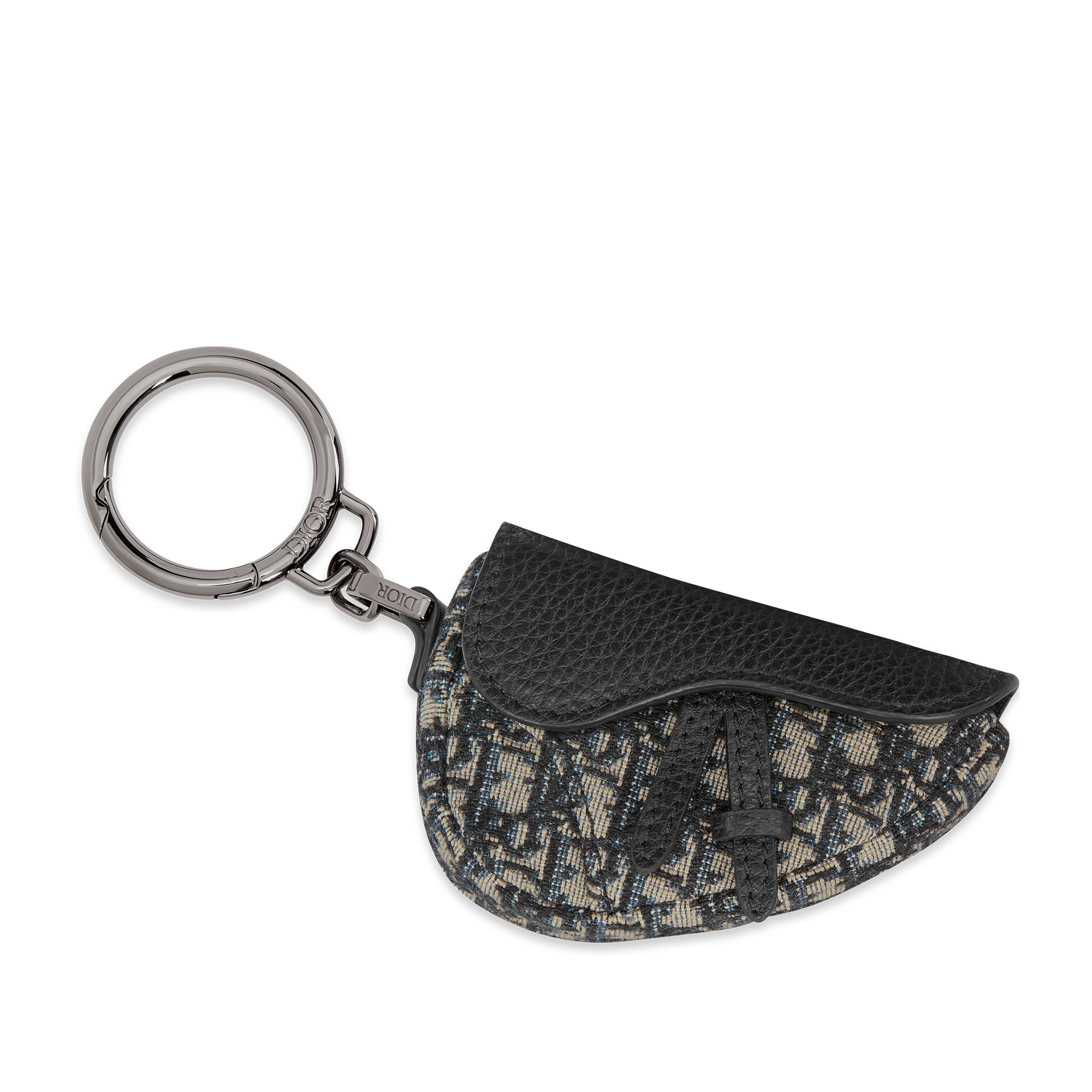 Saddle Key Ring Beige and Black Micro Dior Oblique Jacquard and Black Grained Calfskin E01