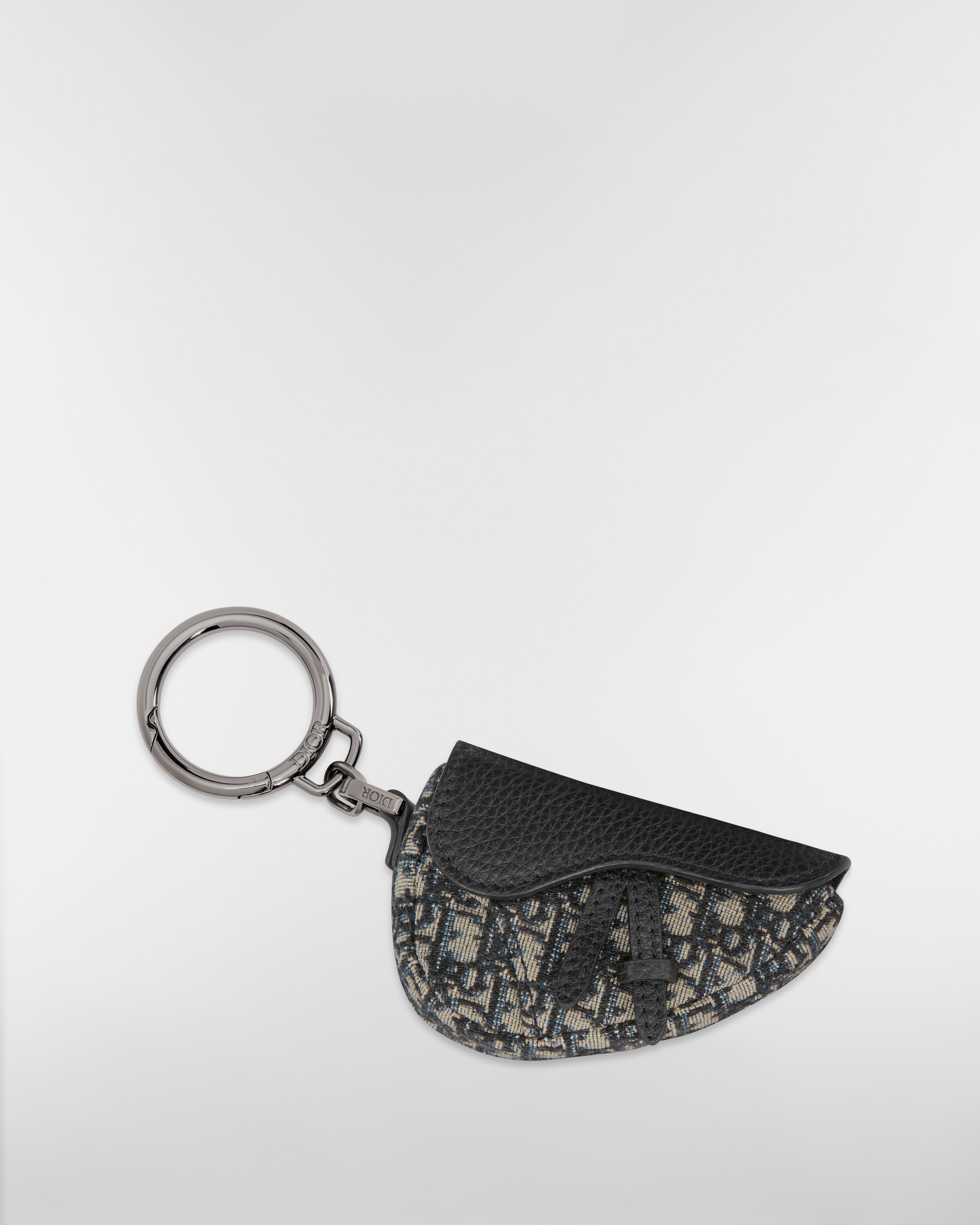 Porte-clés Saddle Toile jacquard micro Dior Oblique beige et noir, cuir de veau grainé noir E01
