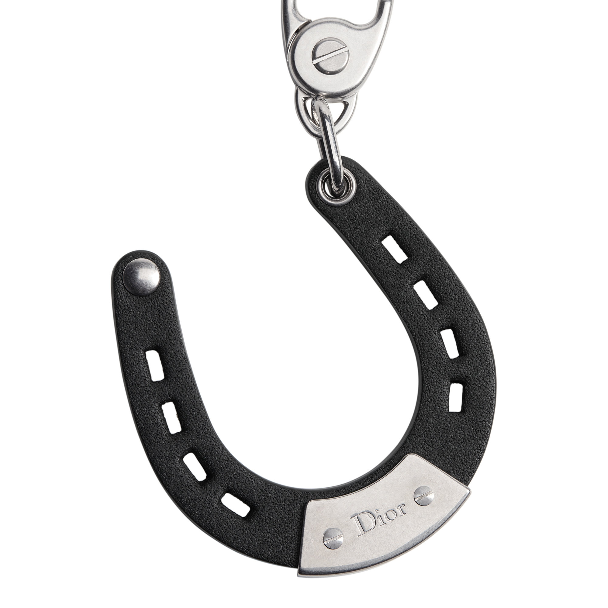Horseshoe Key Ring Black Smooth Calfskin and Antique Silver-Finish Brass E08