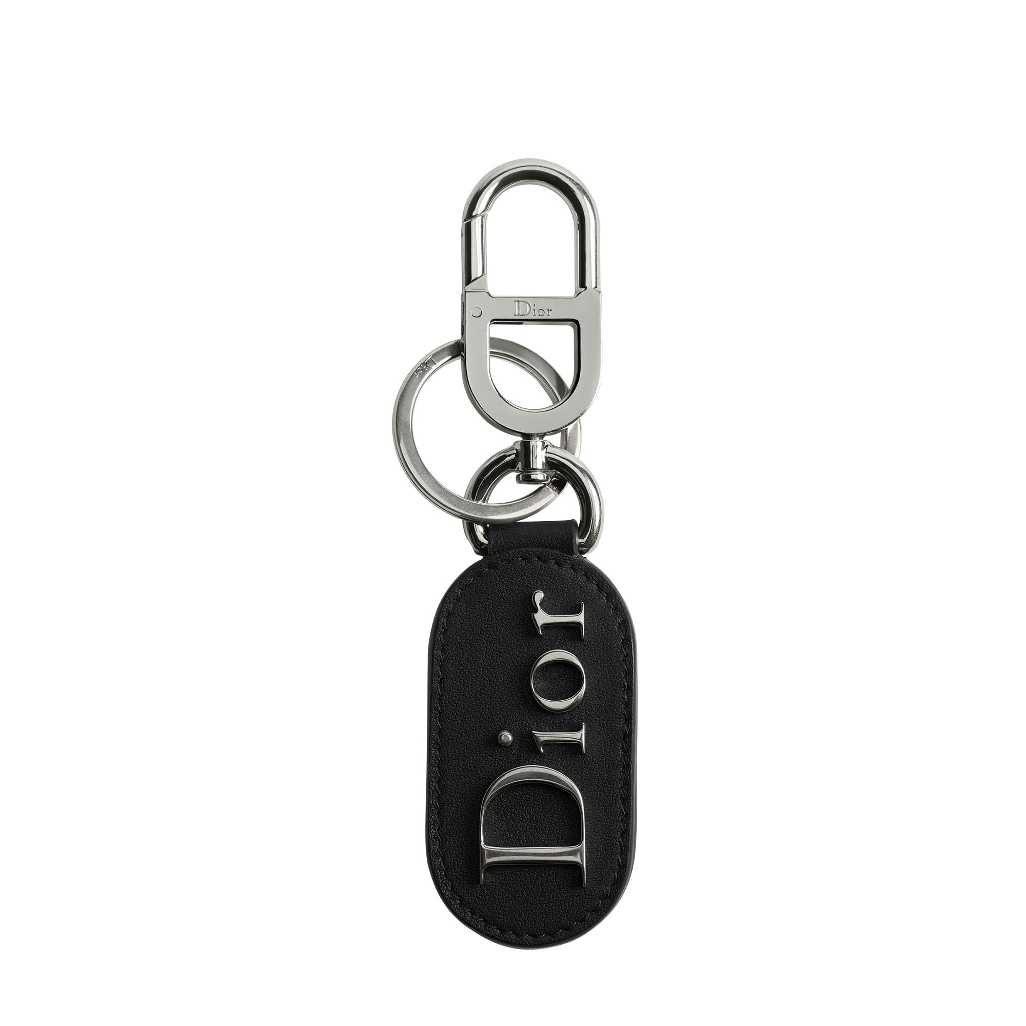 Dior Key Ring Black Smooth Calfskin and Antique Silver-Finish Brass E01