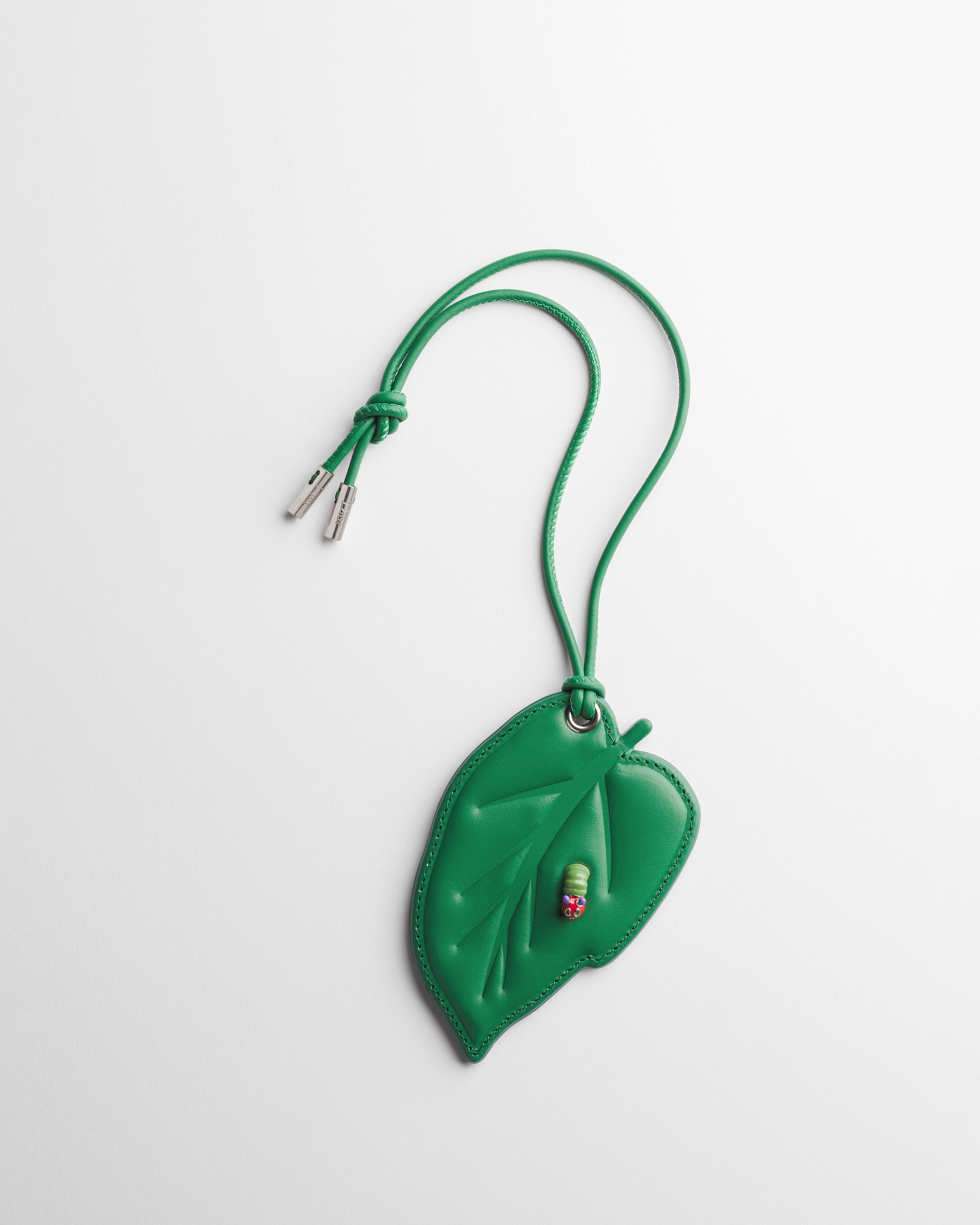 Bijou de sac feuille Cuir de veau vert E01