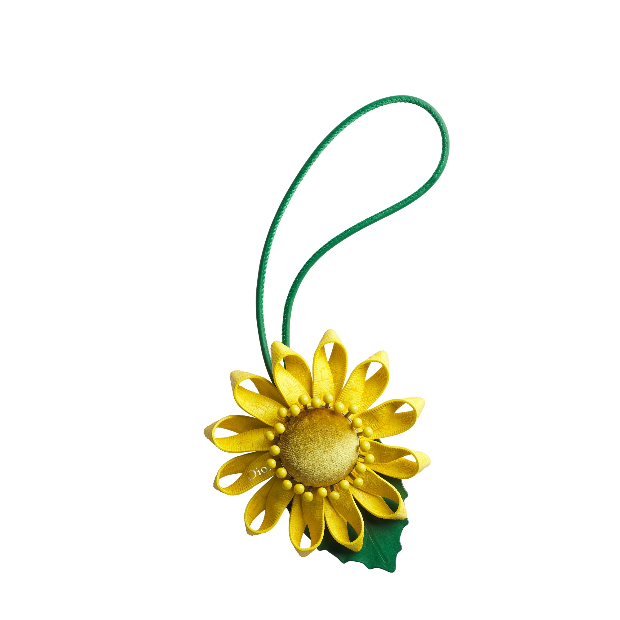 Sunflower Bag Charm Yellow and Green Calfskin with Antique Silver-Finish Brass E01