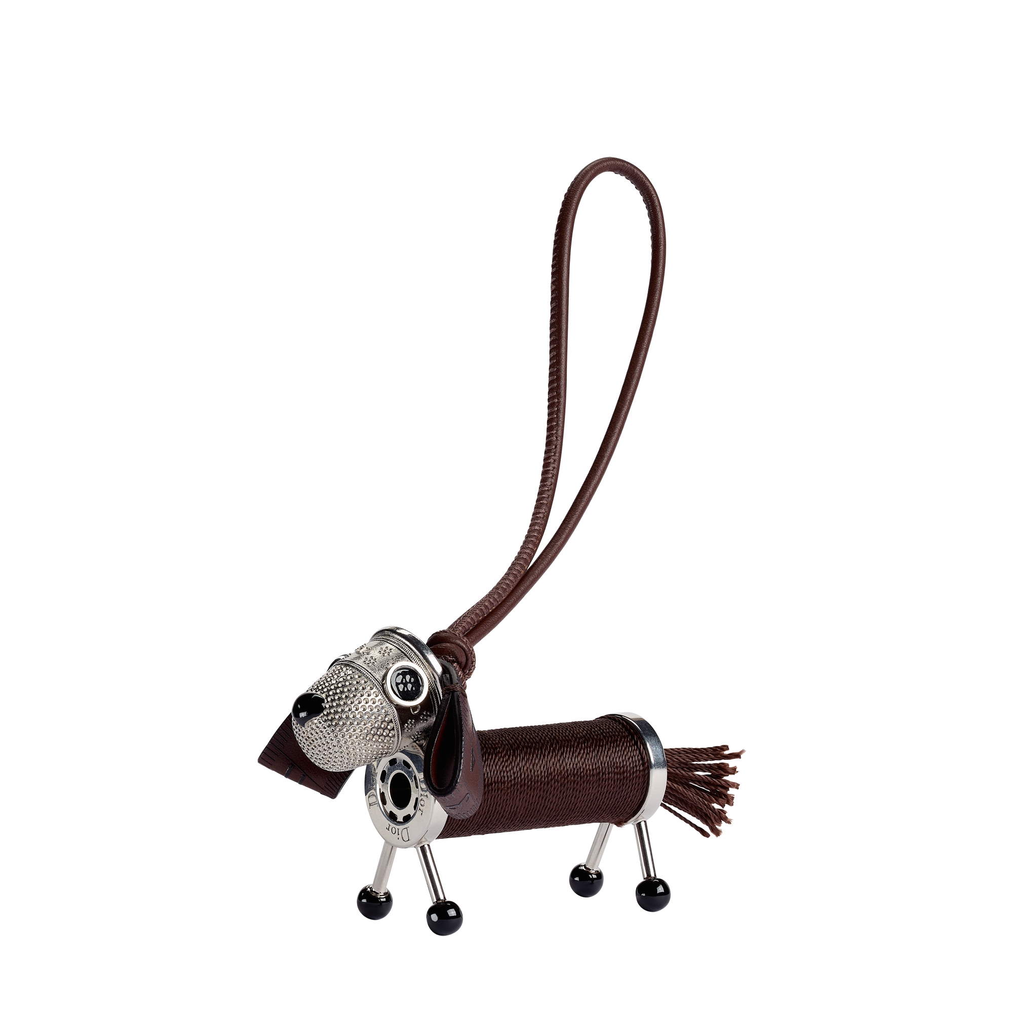 Dior Créatures Couture Dachshund Bag Charm Antique Silver-Finish Brass with Brown Calfskin and Technical Fabric Thread E03