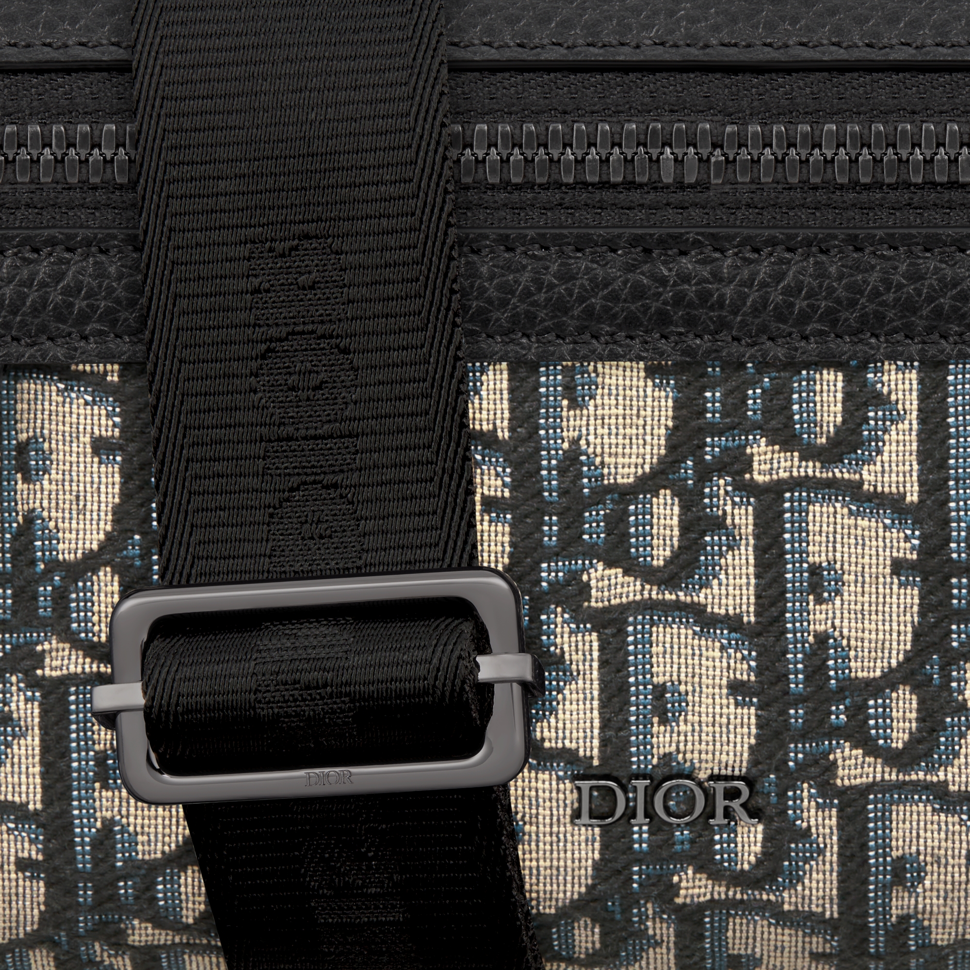 Mini Rider 2.0 Messenger Tasche mit Reißverschluss Dior Oblique Jacquard in Beige und Schwarz und genarbtes Kalbsleder in Schwarz E09