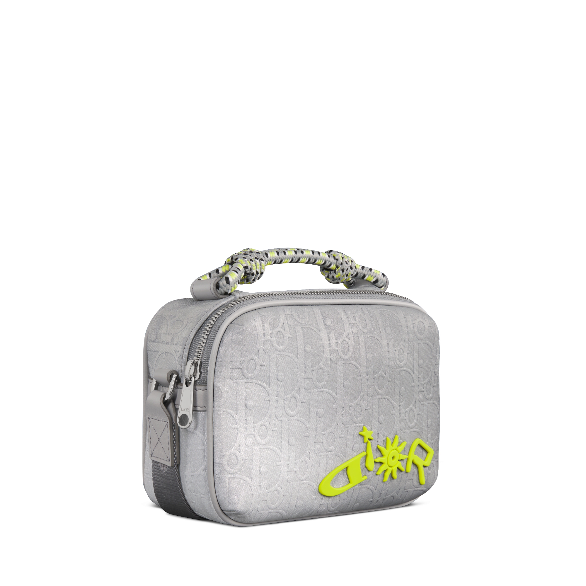 DIOR AND LEWIS HAMILTON 미니 지퍼 백 실버 톤 Dior Oblique 리플렉티브 나일론 E03