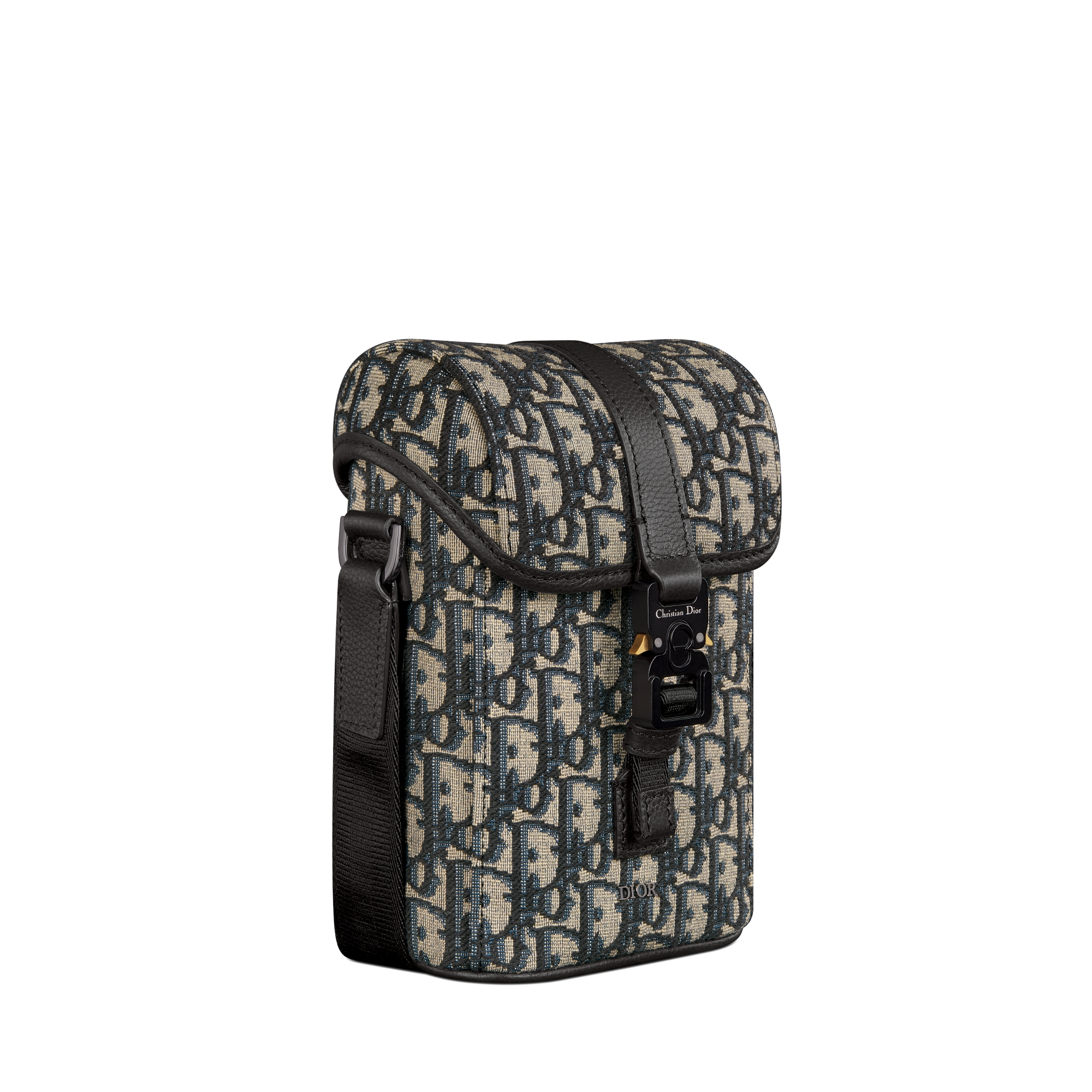 Mini sac Messenger vertical à rabat Dior Hit The Road Toile jacquard Dior Oblique beige et noir et cuir de veau grainé noir E03