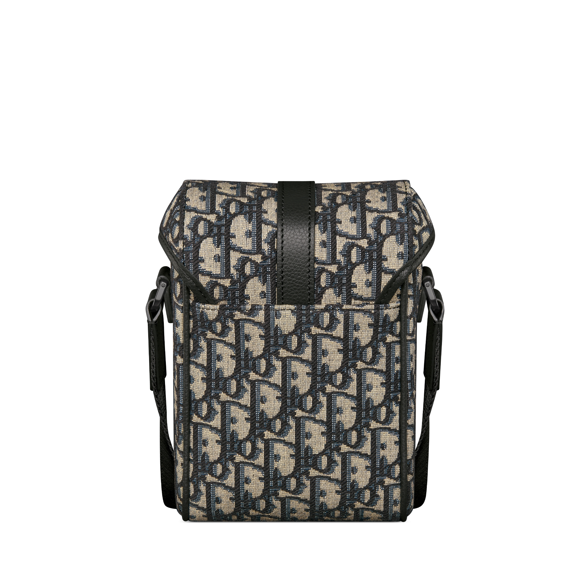 Mini sac Messenger vertical à rabat Dior Hit The Road Toile jacquard Dior Oblique beige et noir et cuir de veau grainé noir E08