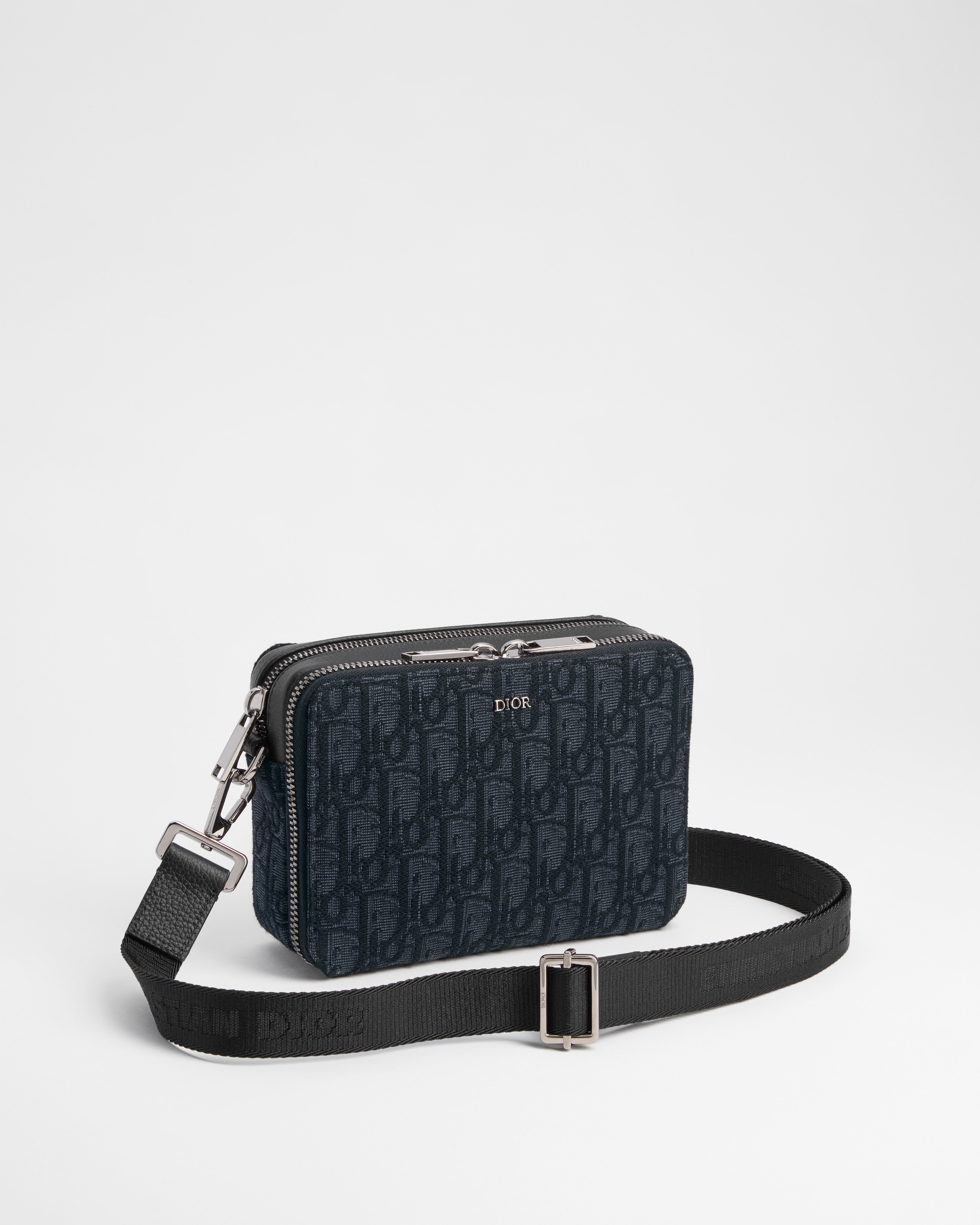 拉鏈小袋連肩帶 黑色 Dior Oblique 緹花 E03