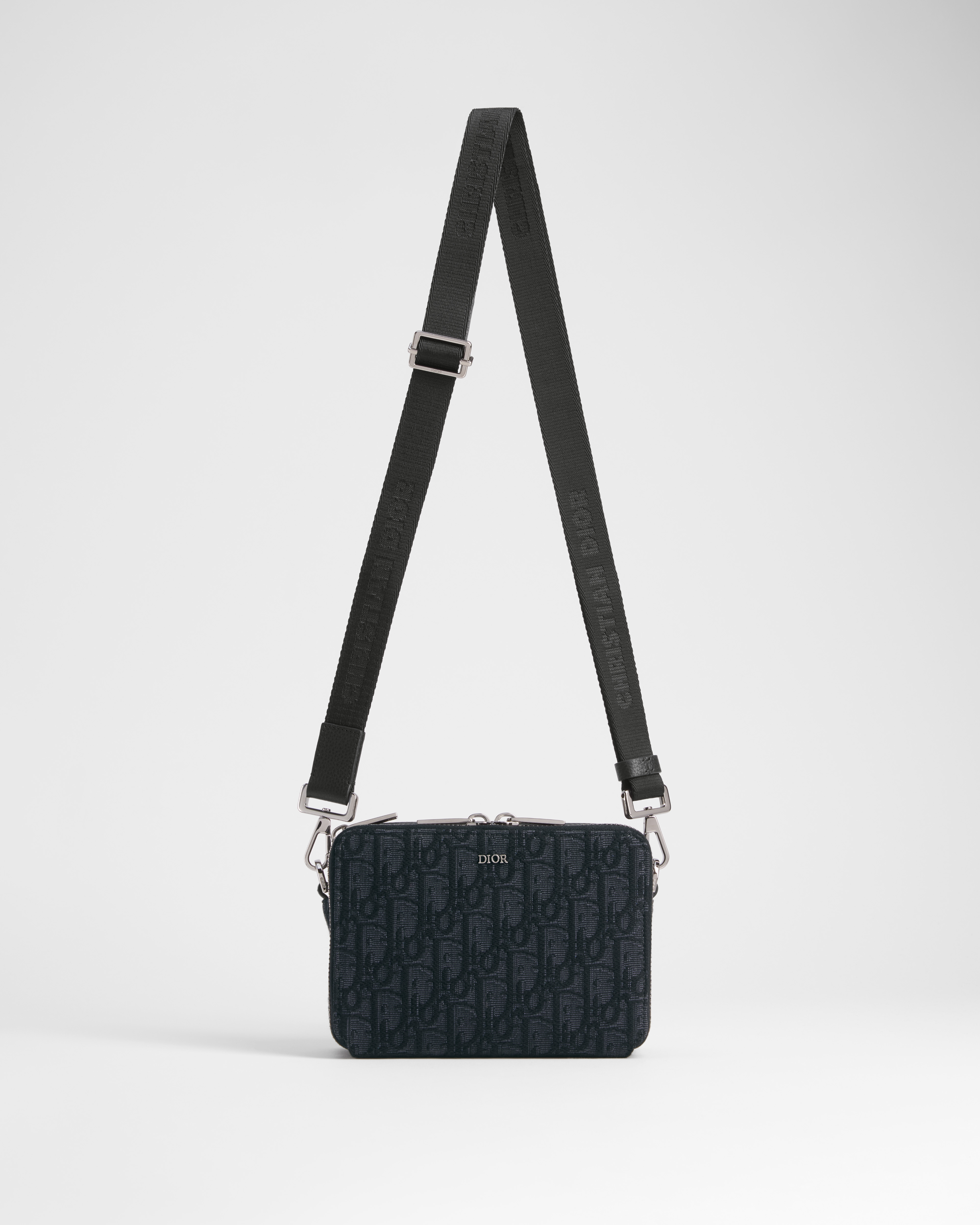 拉鏈小袋連肩帶 黑色 Dior Oblique 緹花 E07