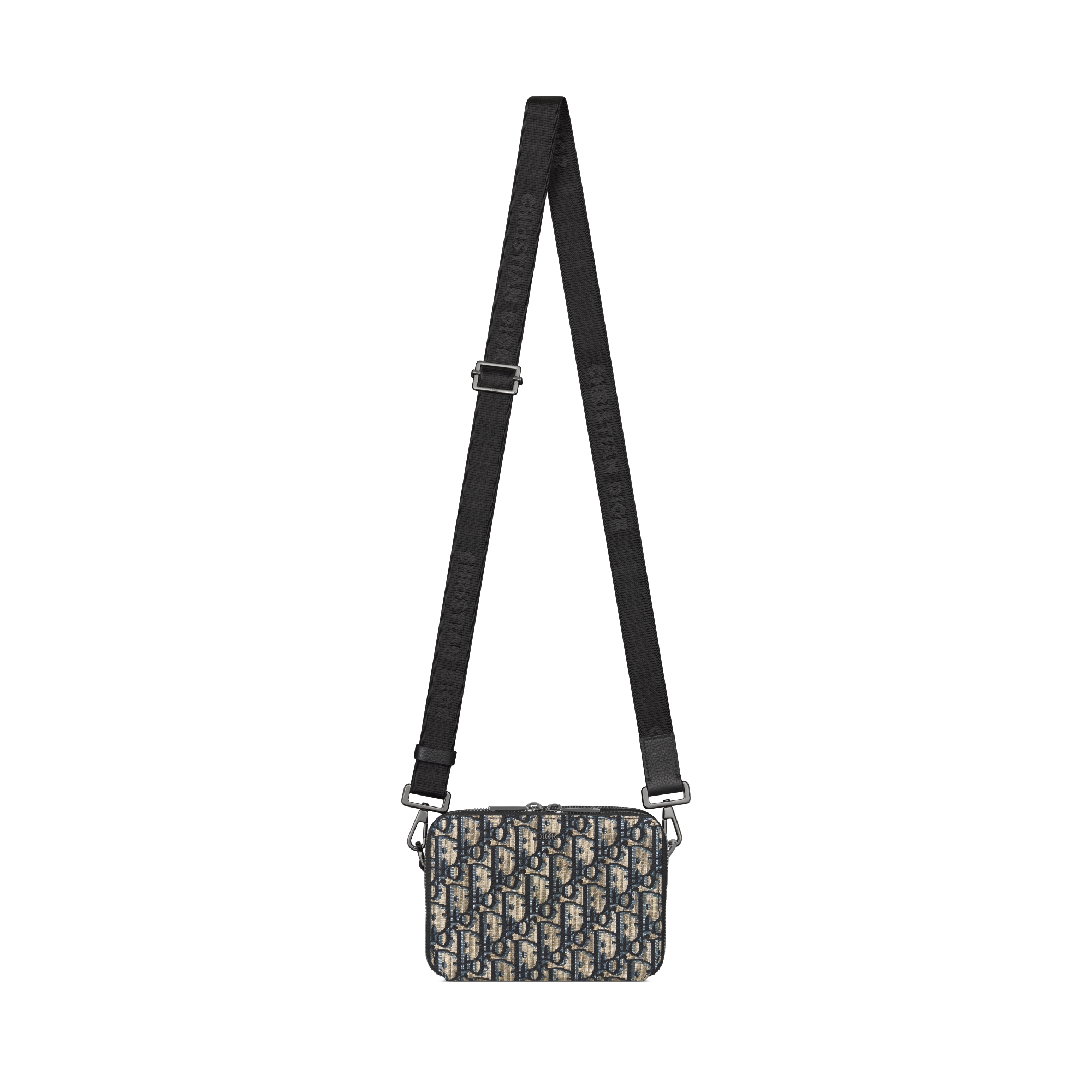 스트랩 지퍼 파우치 베이지 & 블랙 Dior Oblique 자카드 E07