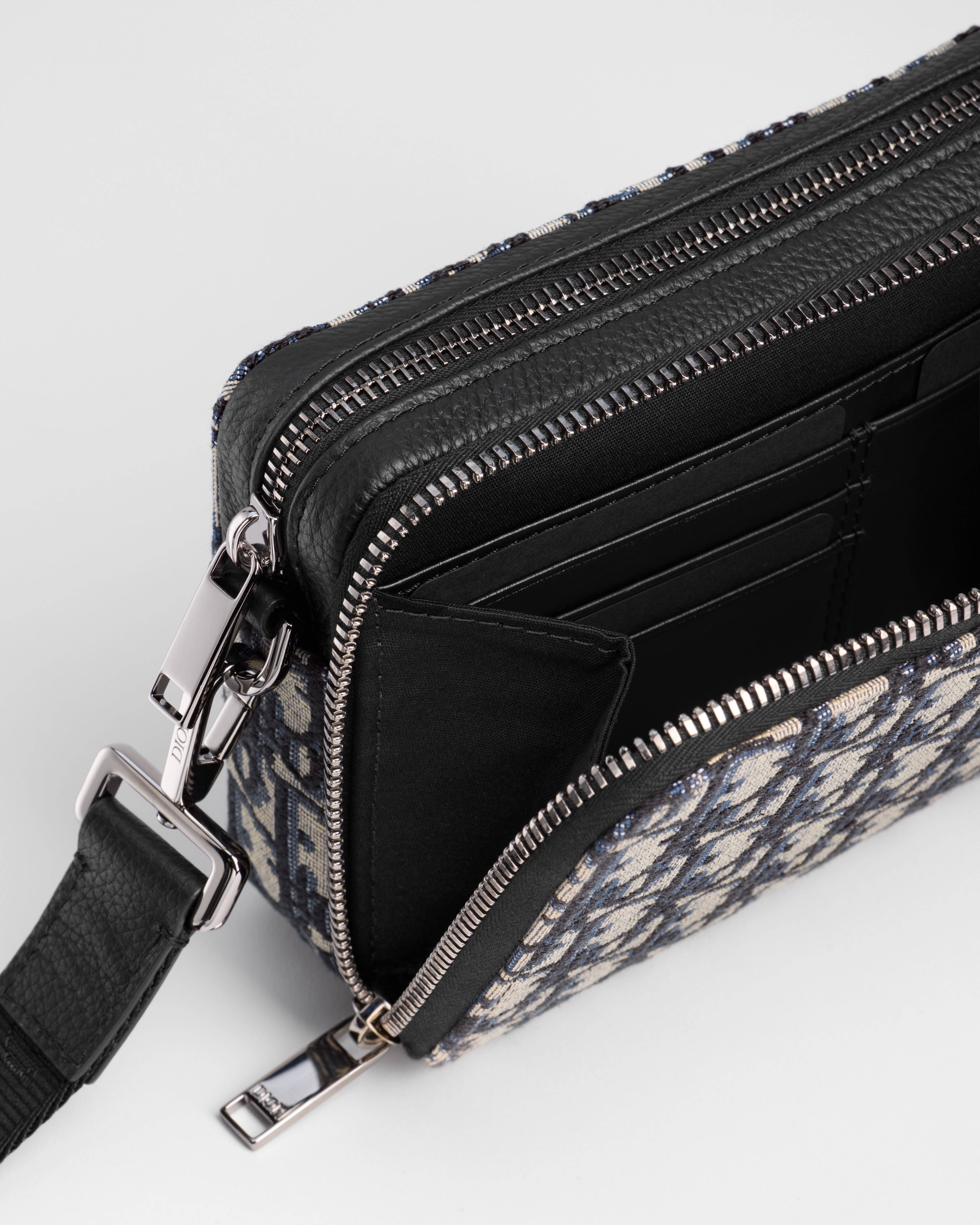 拉鏈小袋連肩帶 米色和黑色 Dior Oblique 圖案緹花 E06