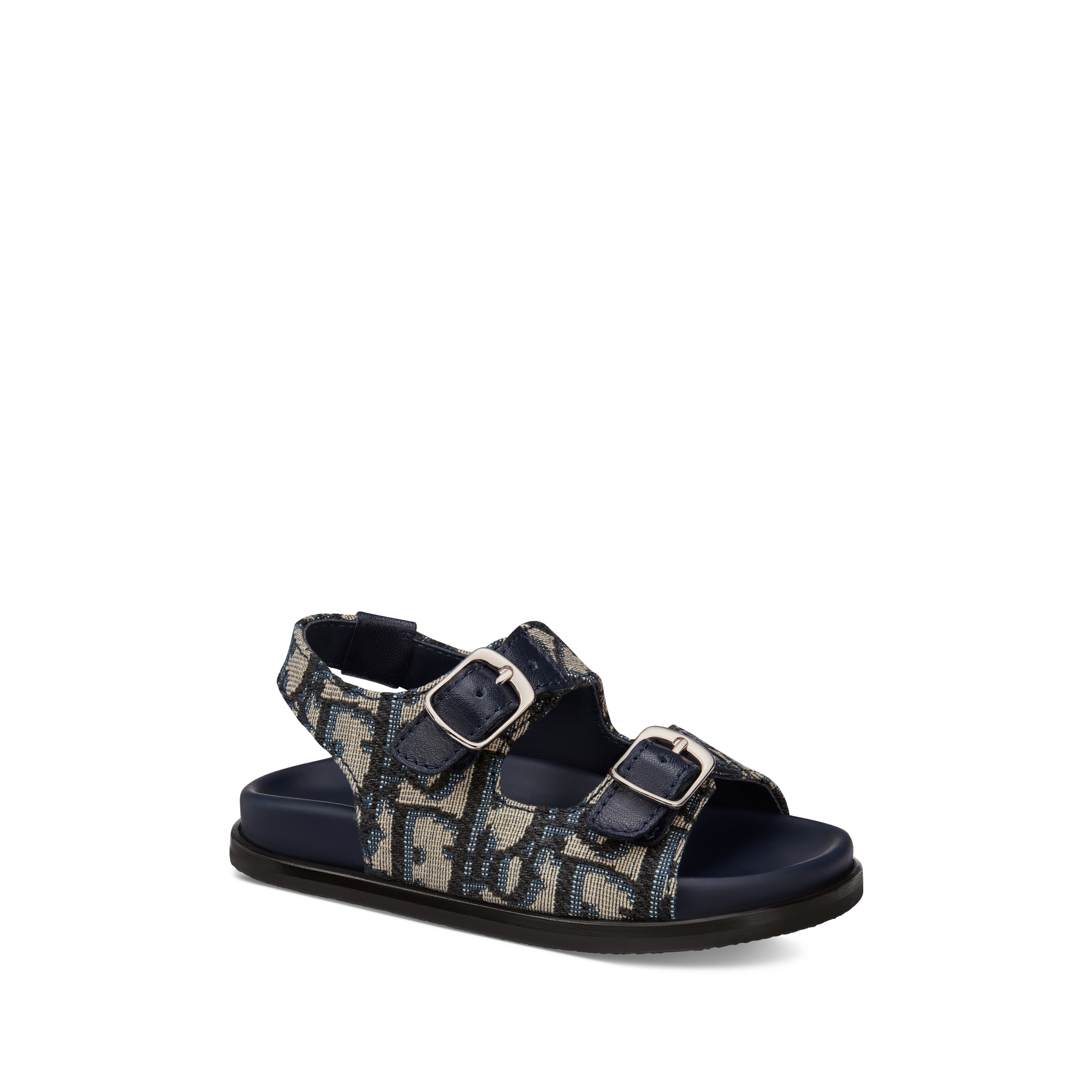 صندل للأطفال الرضّع جلد العجل الأزرق وقماش بنمط ديور أوبليك باللونين البيج والأسود E03