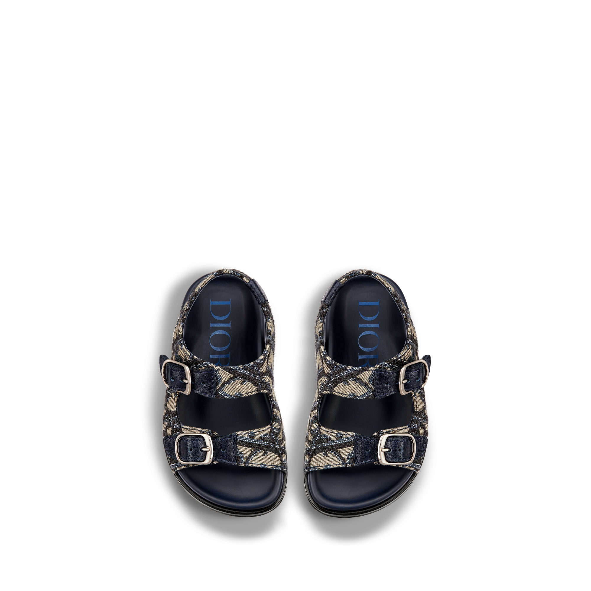 صندل للأطفال الرضّع جلد العجل الأزرق وقماش بنمط ديور أوبليك باللونين البيج والأسود E06