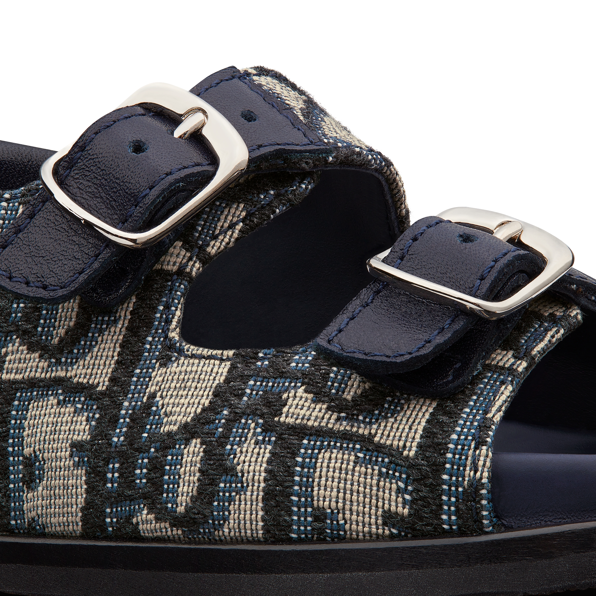 صندل للأطفال الرضّع جلد العجل الأزرق وقماش بنمط ديور أوبليك باللونين البيج والأسود E09