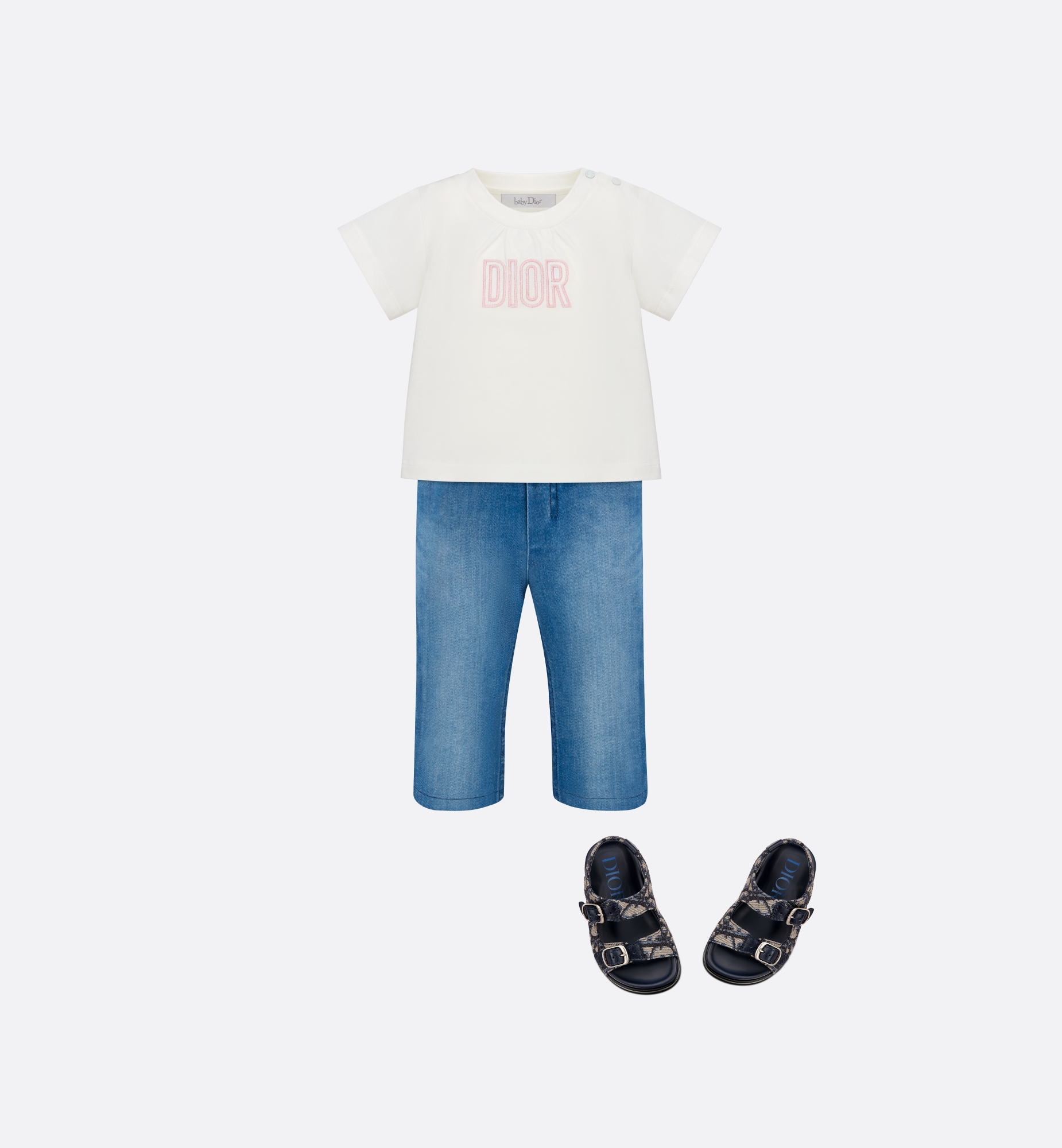 صندل للأطفال الرضّع جلد العجل الأزرق وقماش بنمط ديور أوبليك باللونين البيج والأسود E12