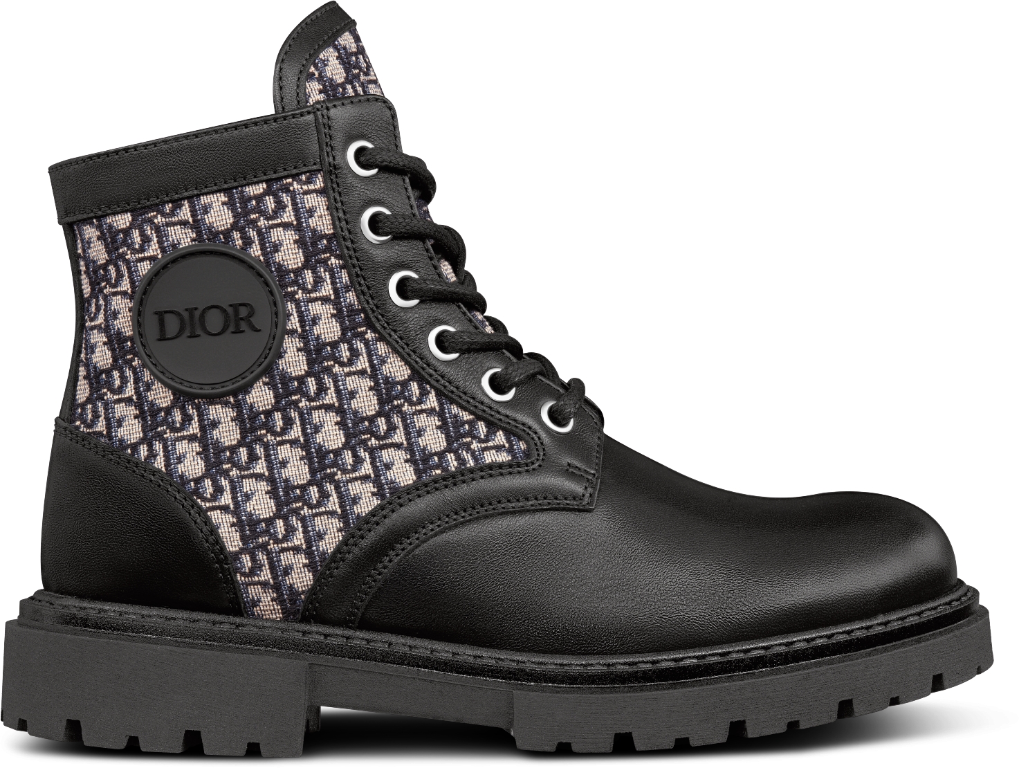 Kids Dior Explorer Ankle Boot Black Smooth Calfskin with Beige and Black Dior Oblique Jacquard DIOR