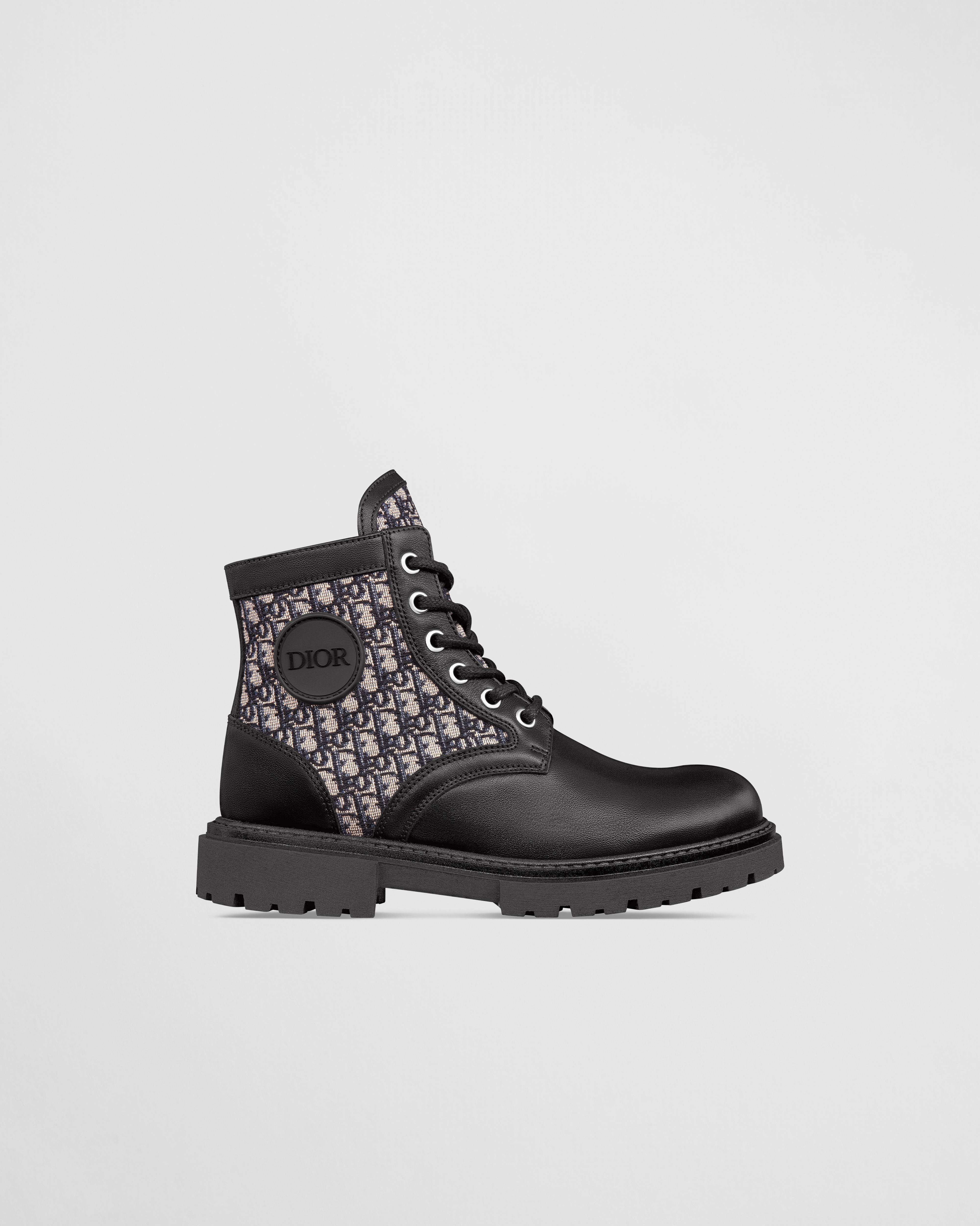 Kids' Dior Explorer Ankle Boot Black Smooth Calfskin with Beige and Black Dior Oblique Jacquard E02