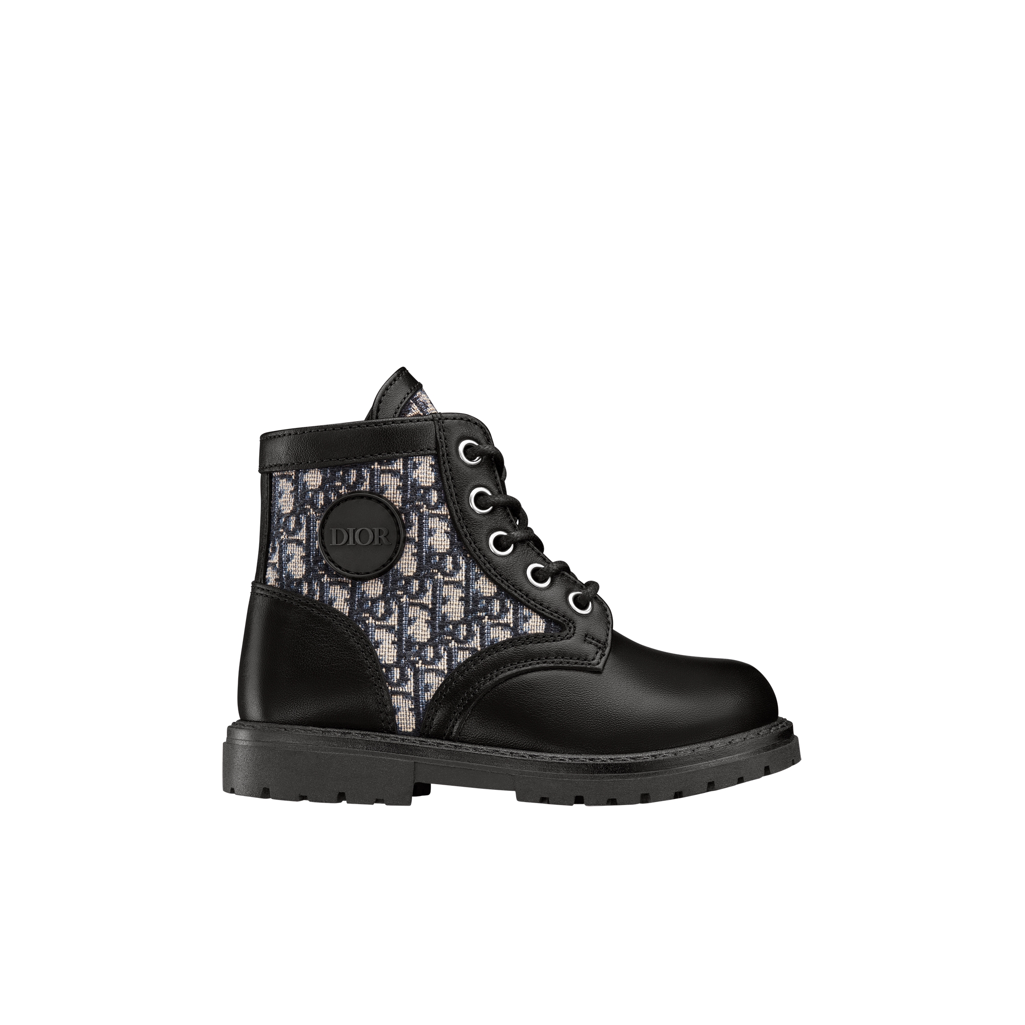Baby Dior Explorer Ankle Boot Black Smooth Calfskin with Beige and Black Dior Oblique Jacquard E02