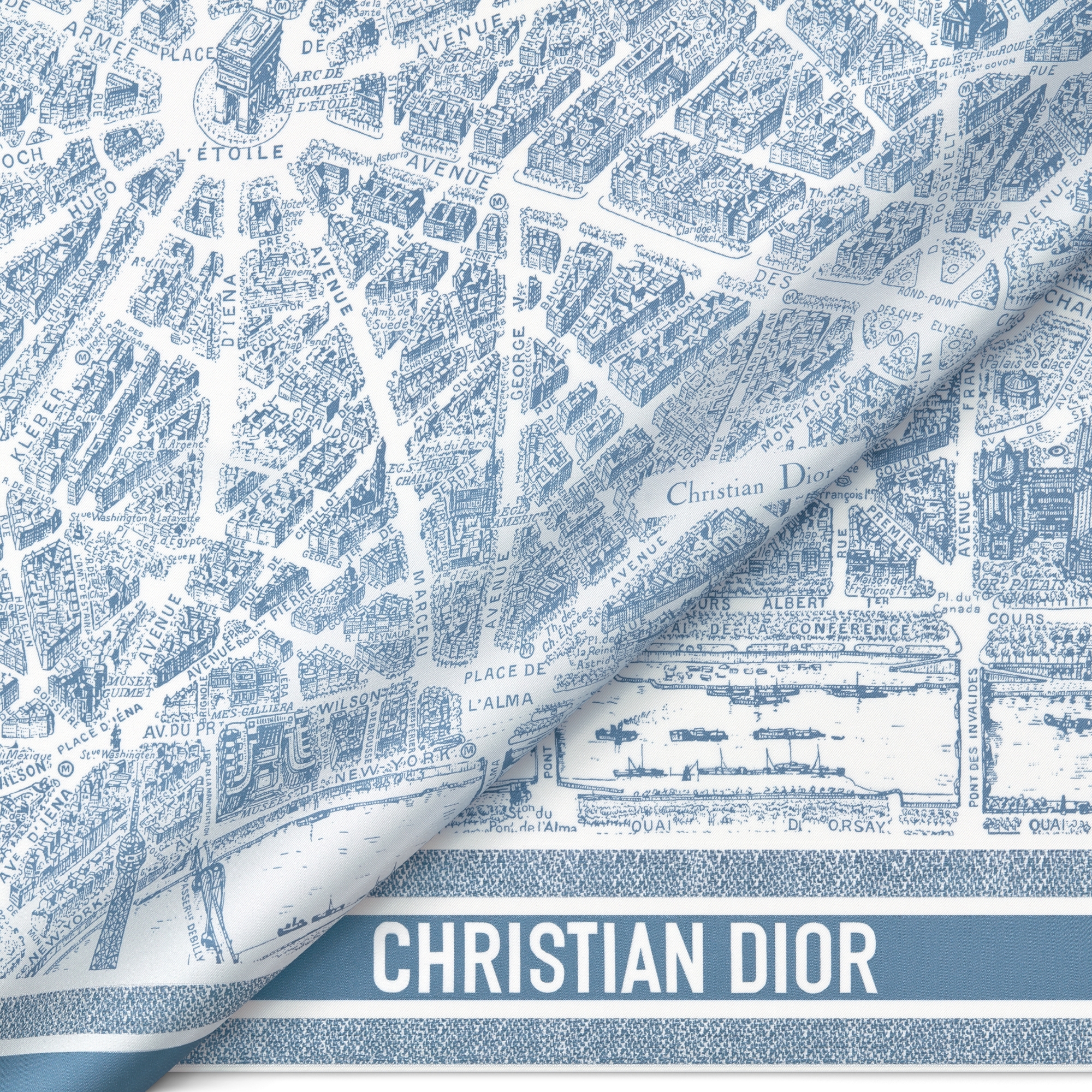 Plan de Paris 90 Square Scarf White and Chambray Blue Silk Twill E09