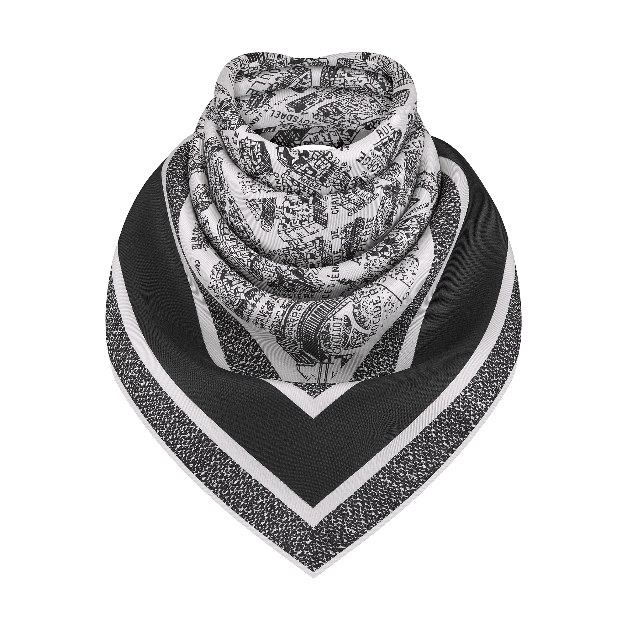 Plan de Paris 90 Square Scarf White and Black Silk Twill E02