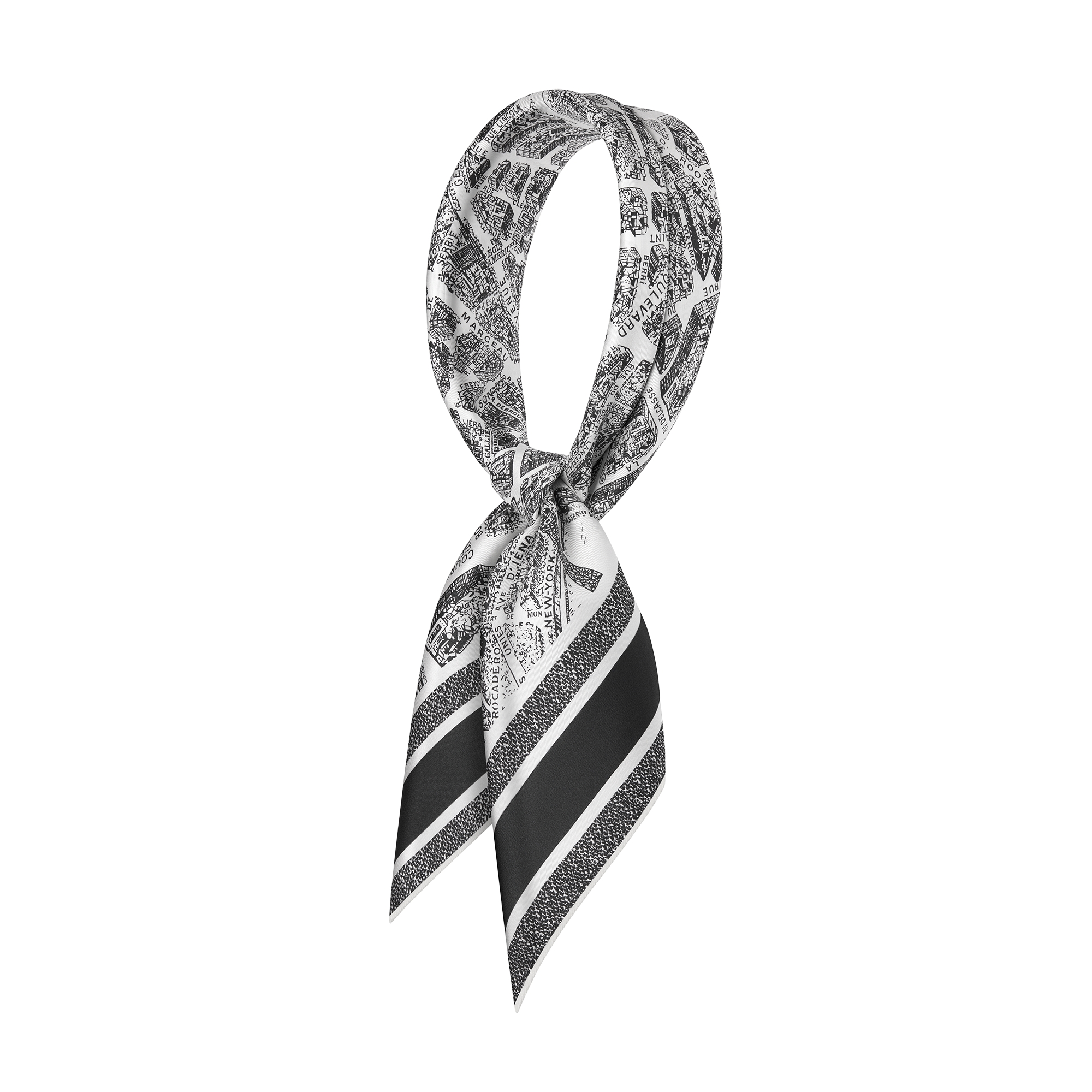 Plan de Paris 90 Square Scarf White and Black Silk Twill E03