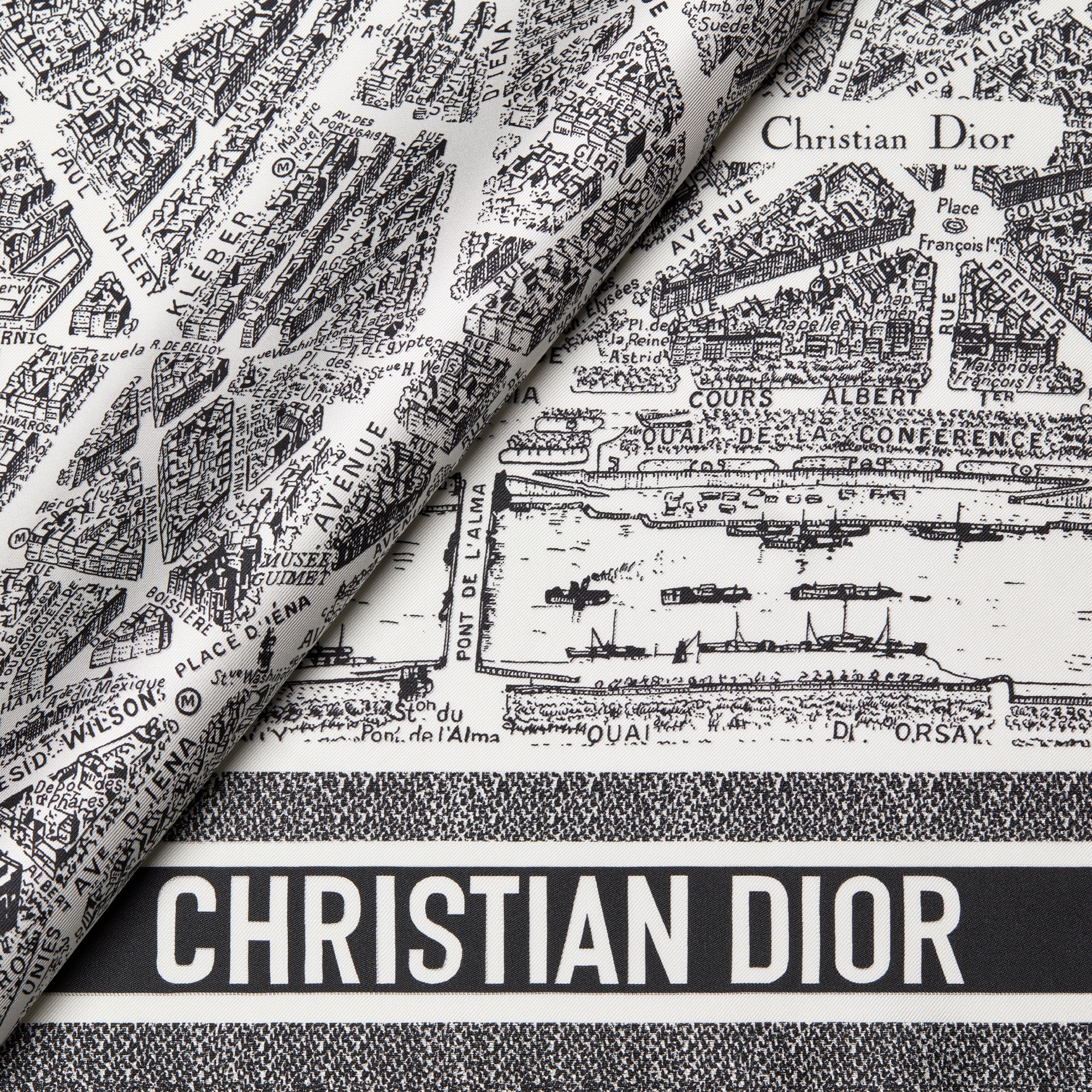 وشاح مربّع Plan de Paris 90 حرير بحبكة تويل باللونين الأبيض والأسود E09