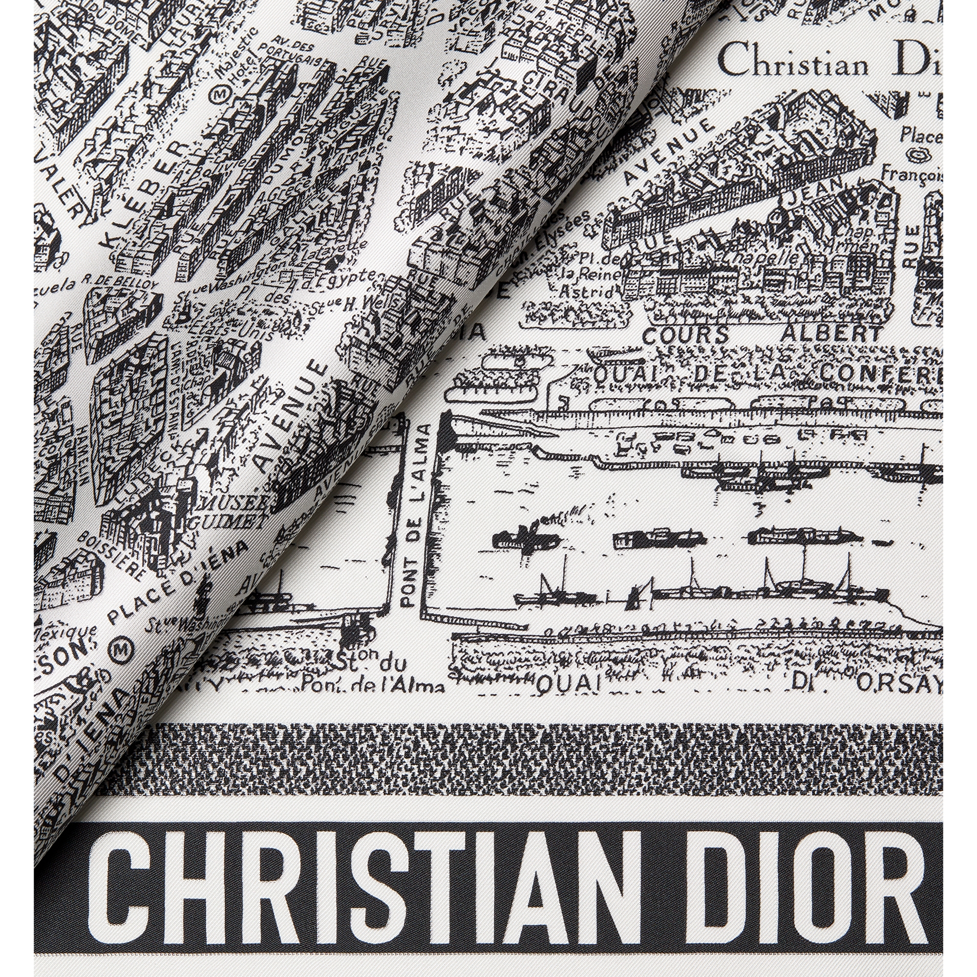 Plan de Paris 90 Square Scarf White and Black Silk Twill E09