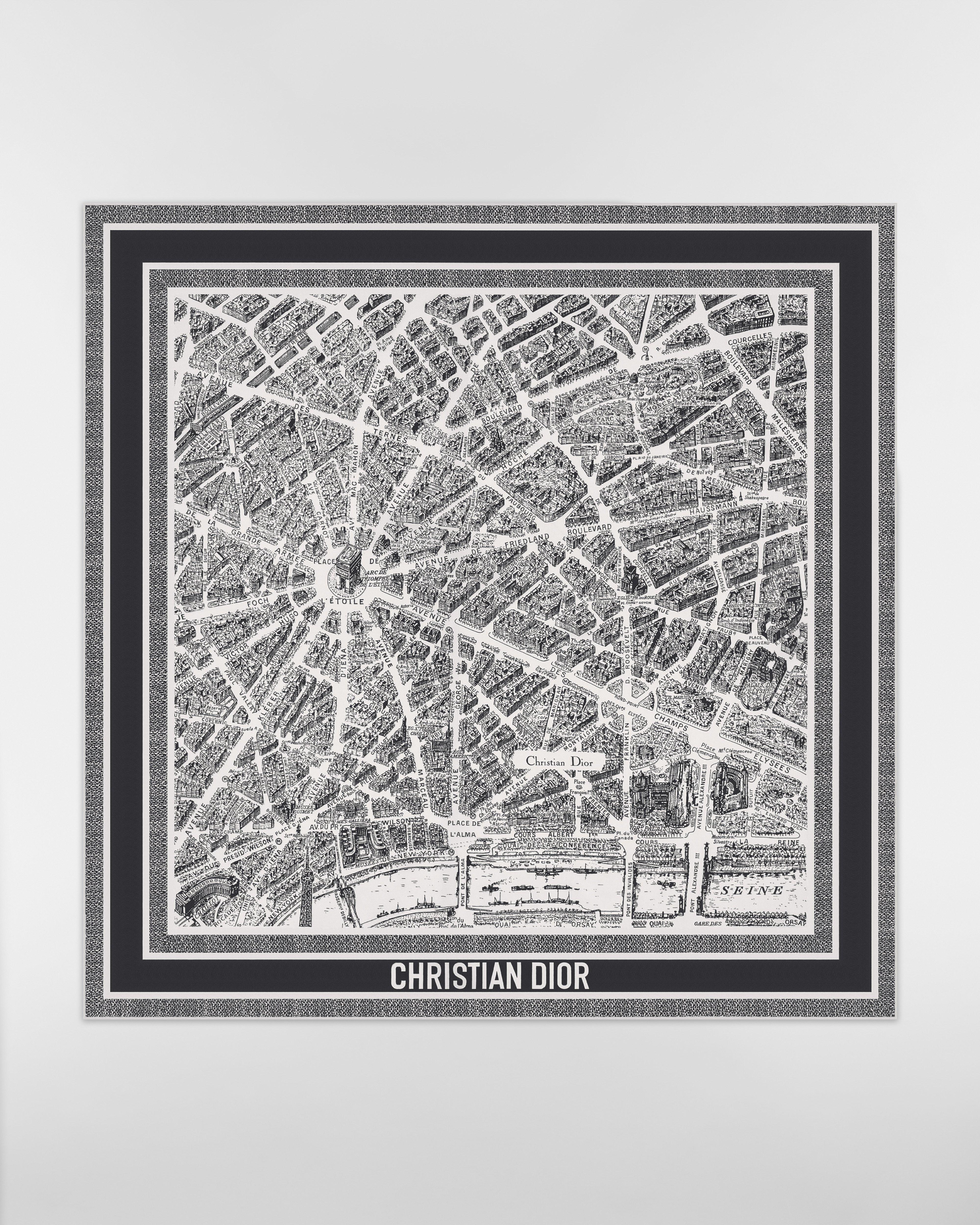 Carré 90 Plan de Paris Twill de soie blanche et noire